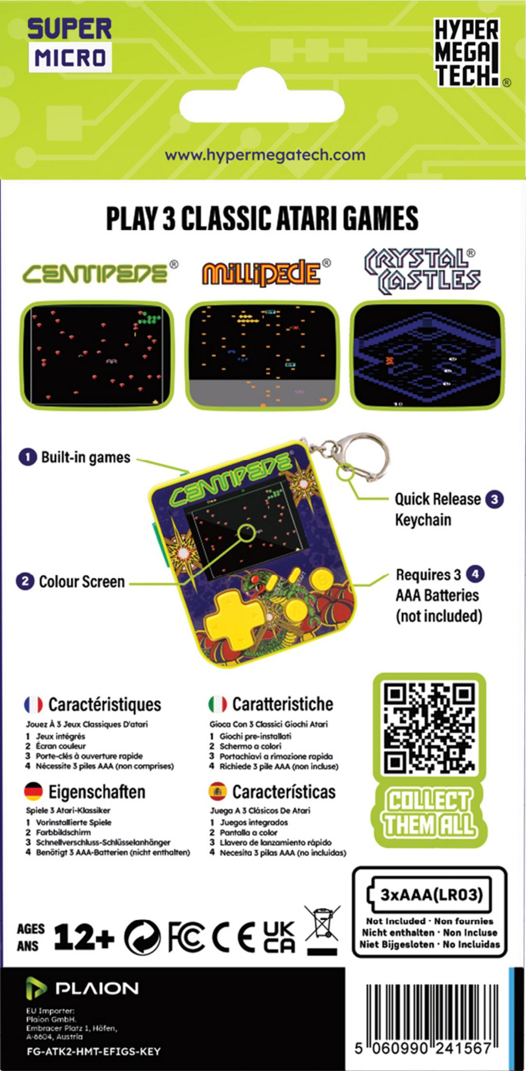 Opakowanie mini konsoli Atari z grami Centipede, Millipede i Crystal Castles.