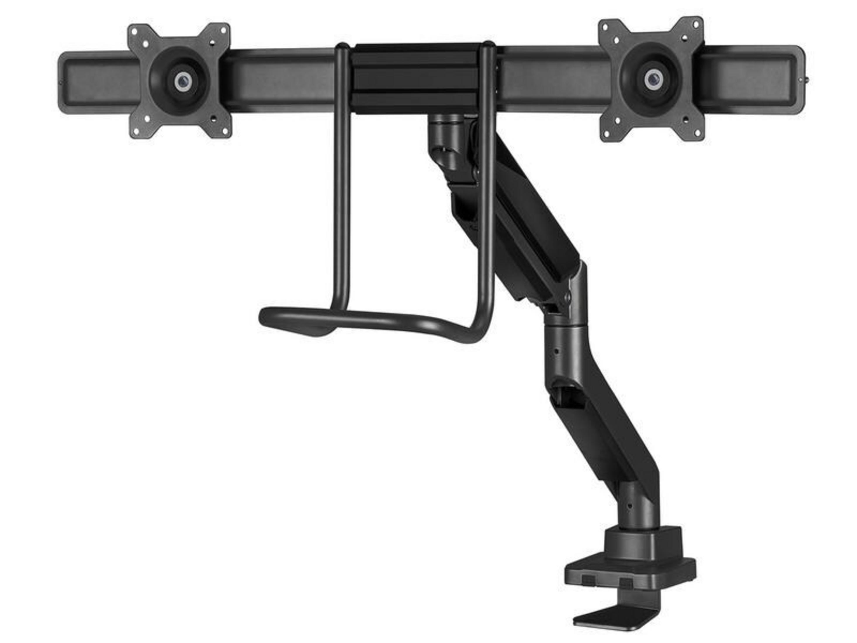 Un brazo doble para monitor negro con abrazadera de escritorio sobre fondo blanco.