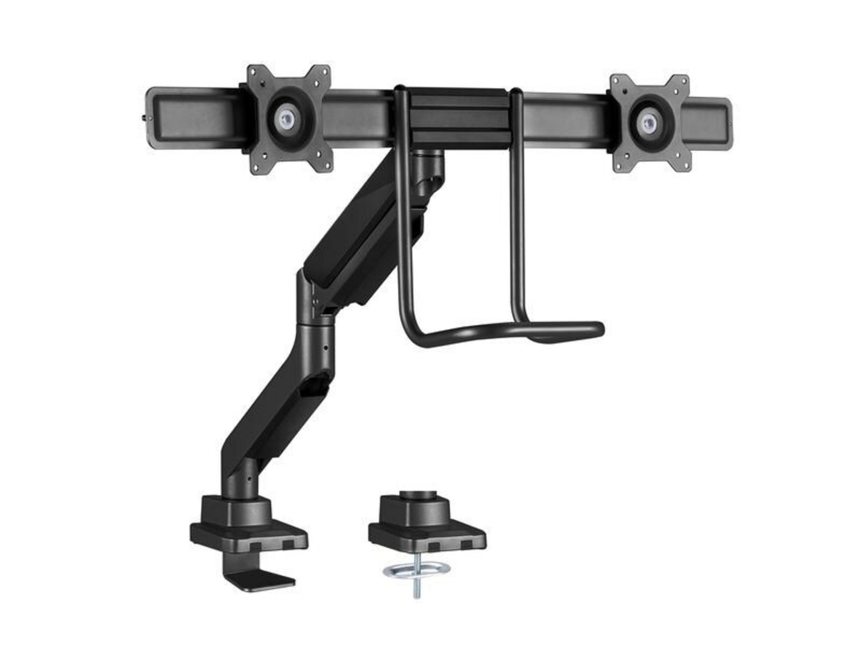 Un brazo doble para monitor negro con abrazadera y accesorios sobre fondo blanco.