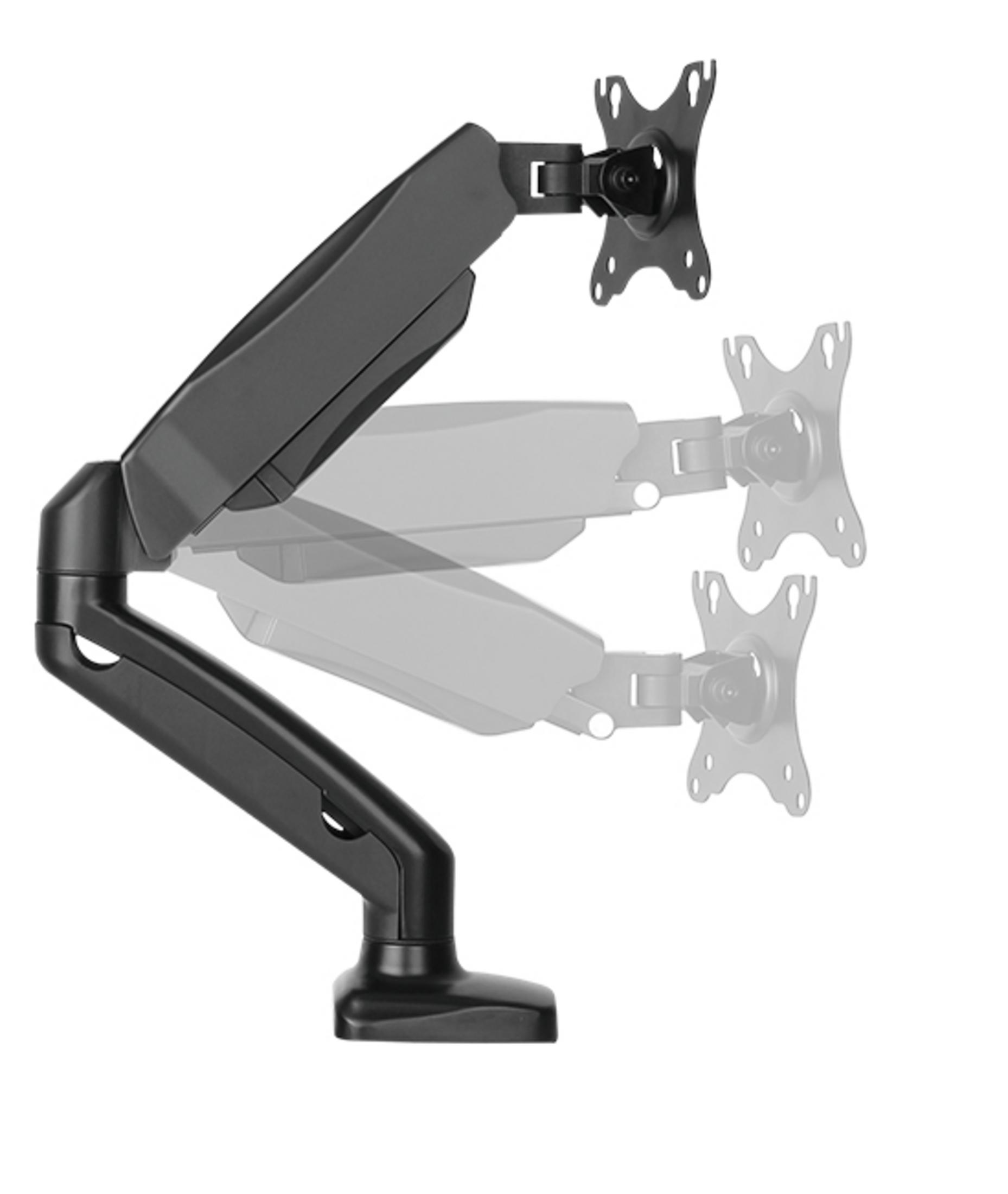A black monitor arm shown in two positions, designed for desk mounting.