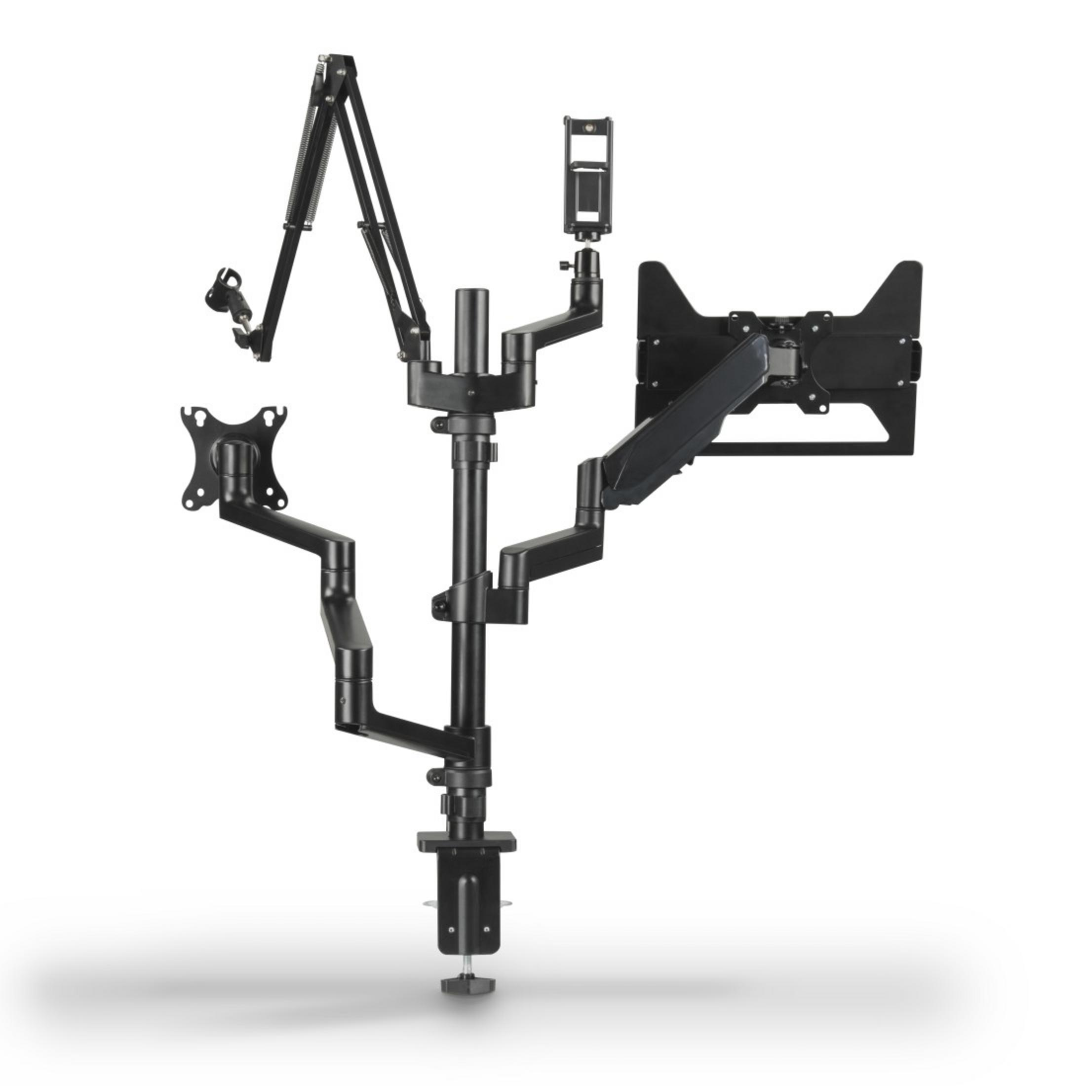 Un bras de moniteur noir et réglable avec base à pince et support de téléphone.