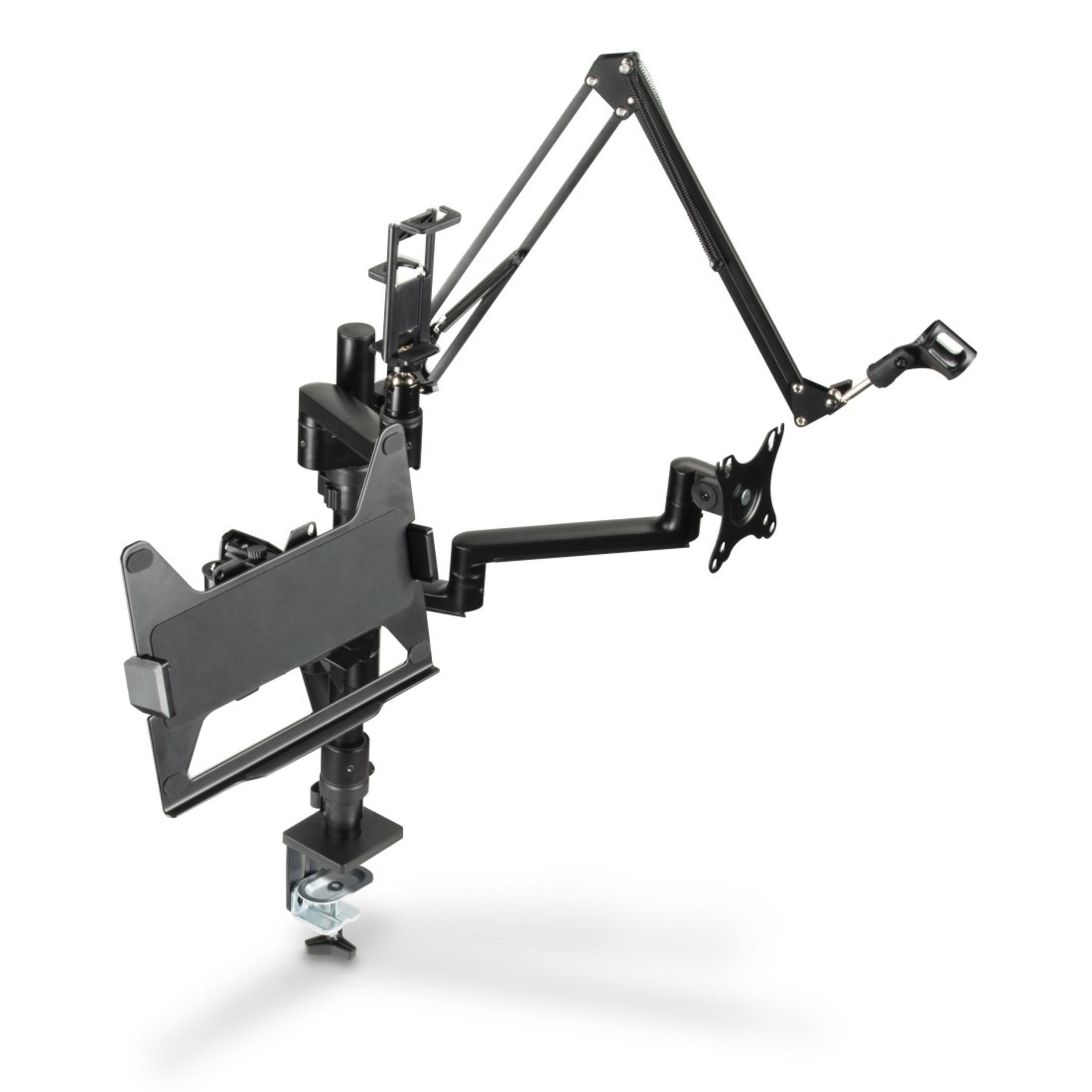 Un bras noir réglable avec base à pince, support de tablette et support de moniteur.