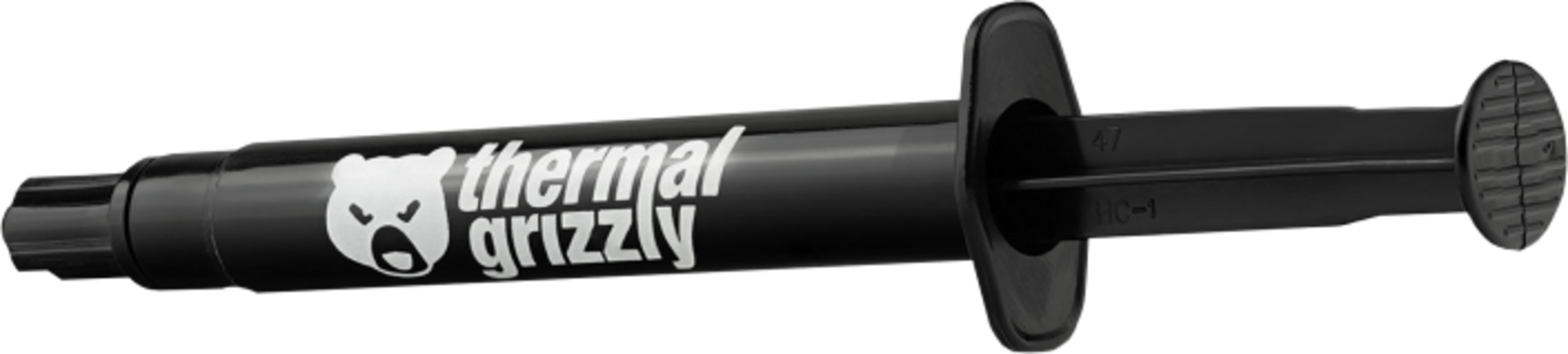 Beyaz "thermal grizzly" logosu ve ayı başı grafiği olan siyah şırınga.
