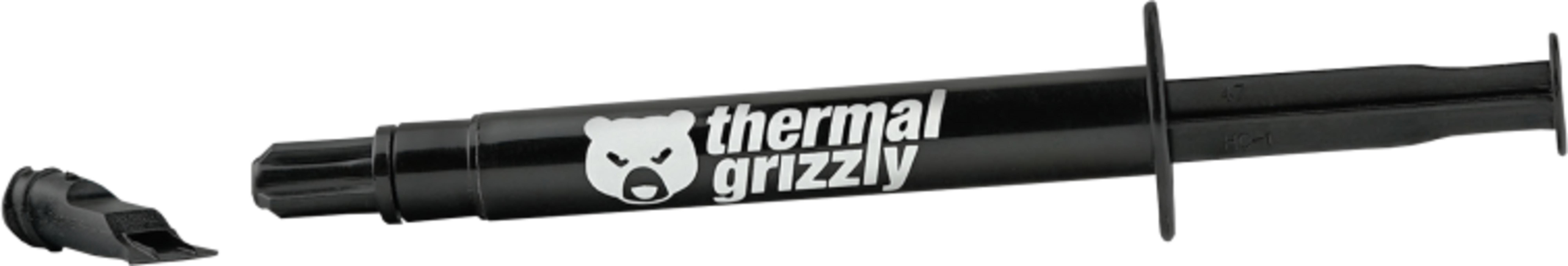 Beyaz ayı logosu ve "thermal grizzly" yazısı bulunan siyah şırınga.