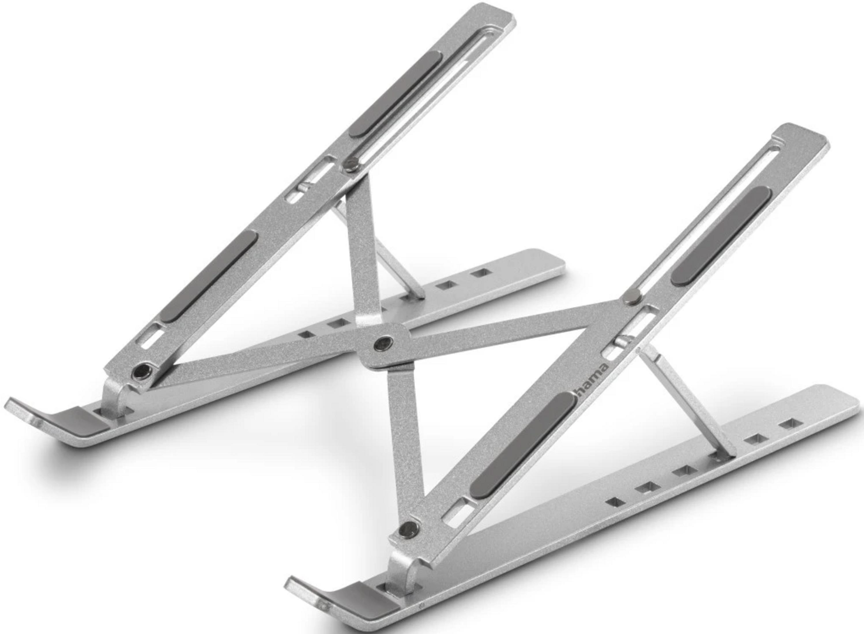 Zwei silberne, verstellbare Laptopständer aus Metall mit Gummipads.