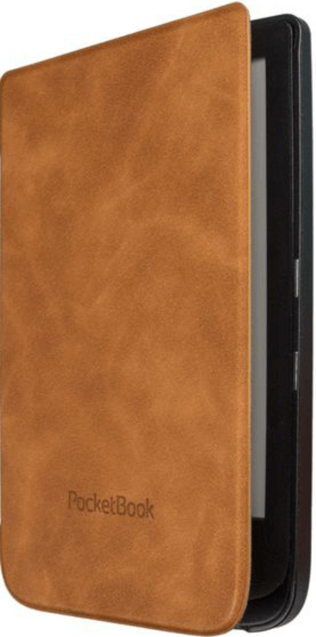 Braunes Lederetui für ein E-Reader-Gerät mit aufgedrucktem Logo.