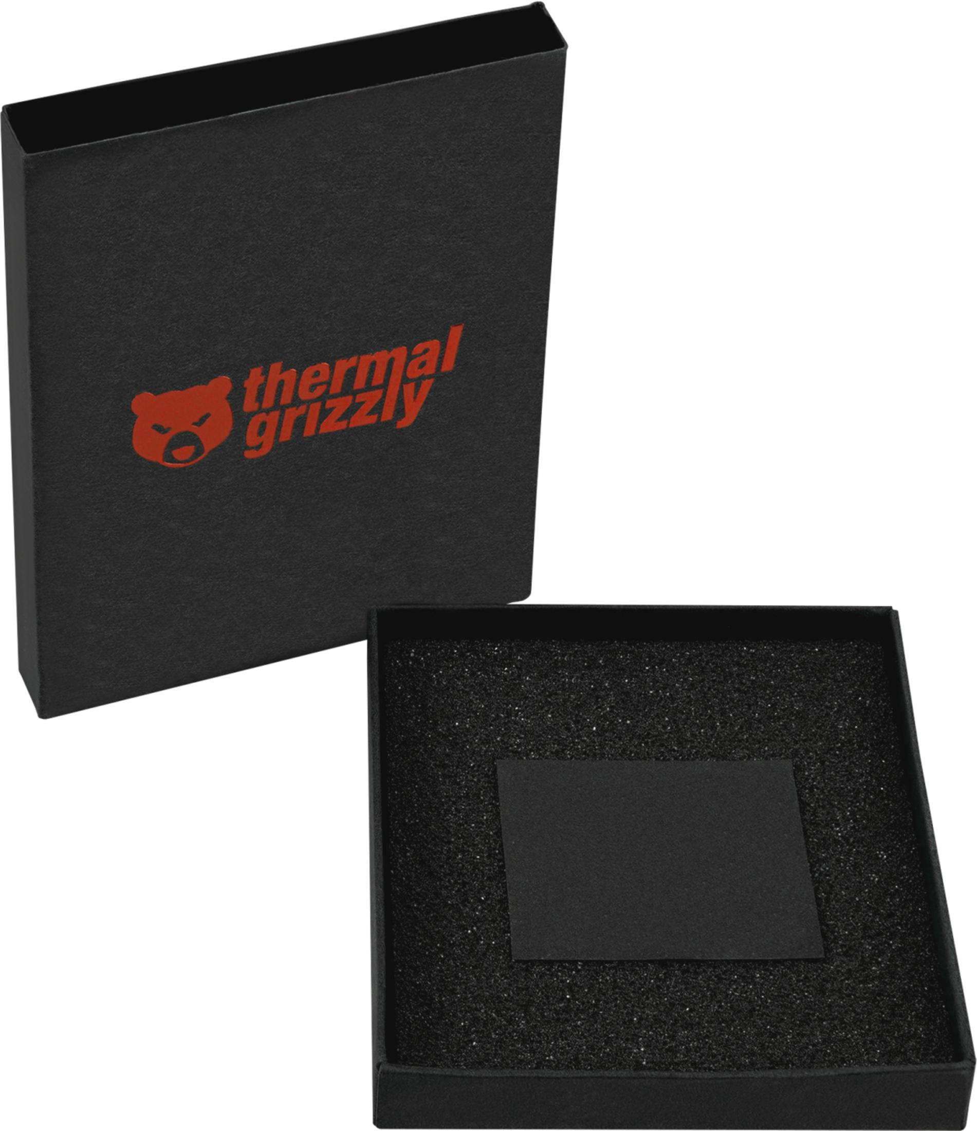 Eine schwarze Box mit dem Logo von Thermal Grizzly ist geöffnet. Darin liegt ein schwarzer Einsatz.