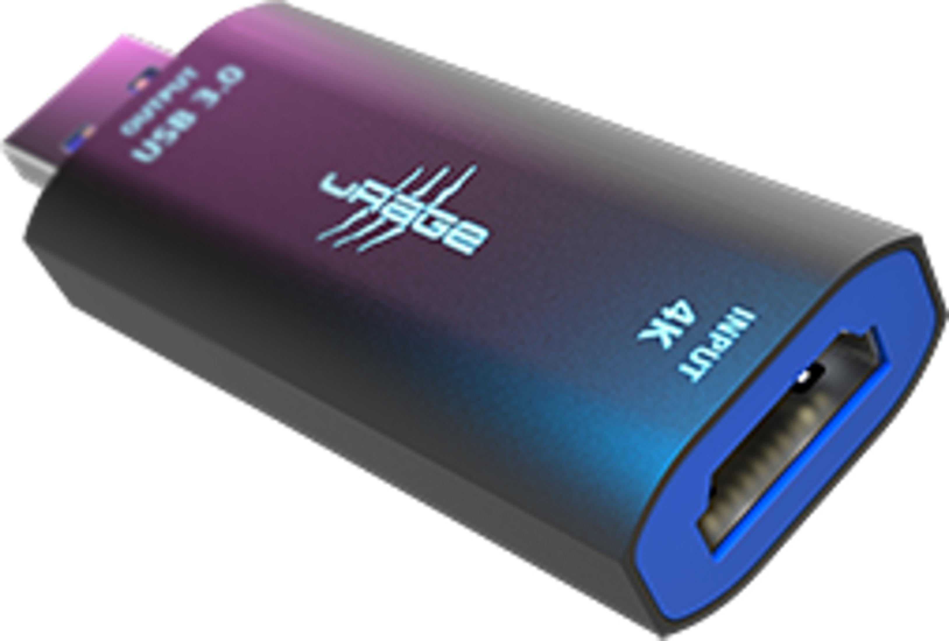 Ein schwarzer USB-C-Adapter mit blauem Rand, 4K-Eingang und USB 3.0-Ausgang.