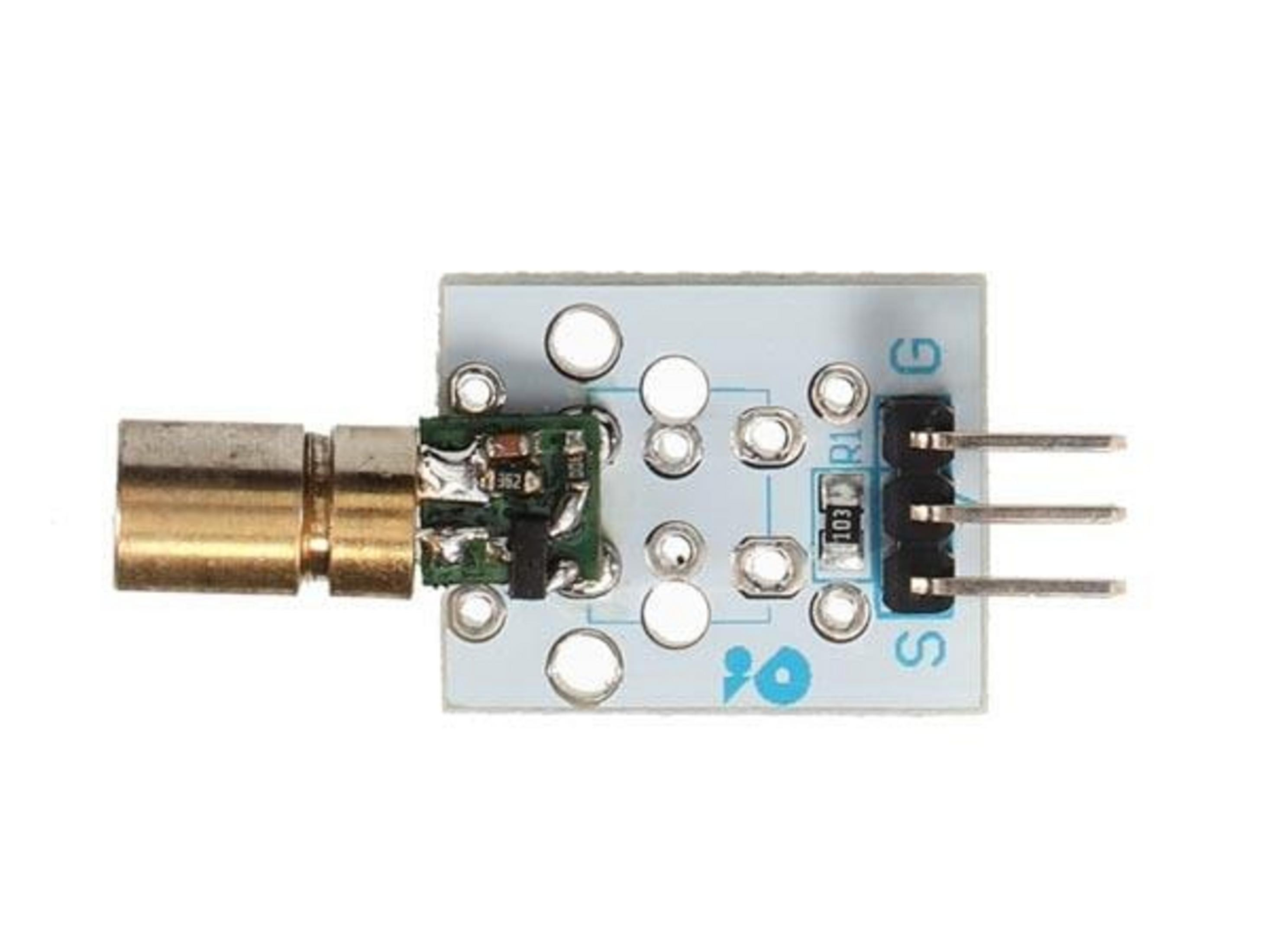 Une petite carte de circuit électronique avec module laser en laiton et trois broches.