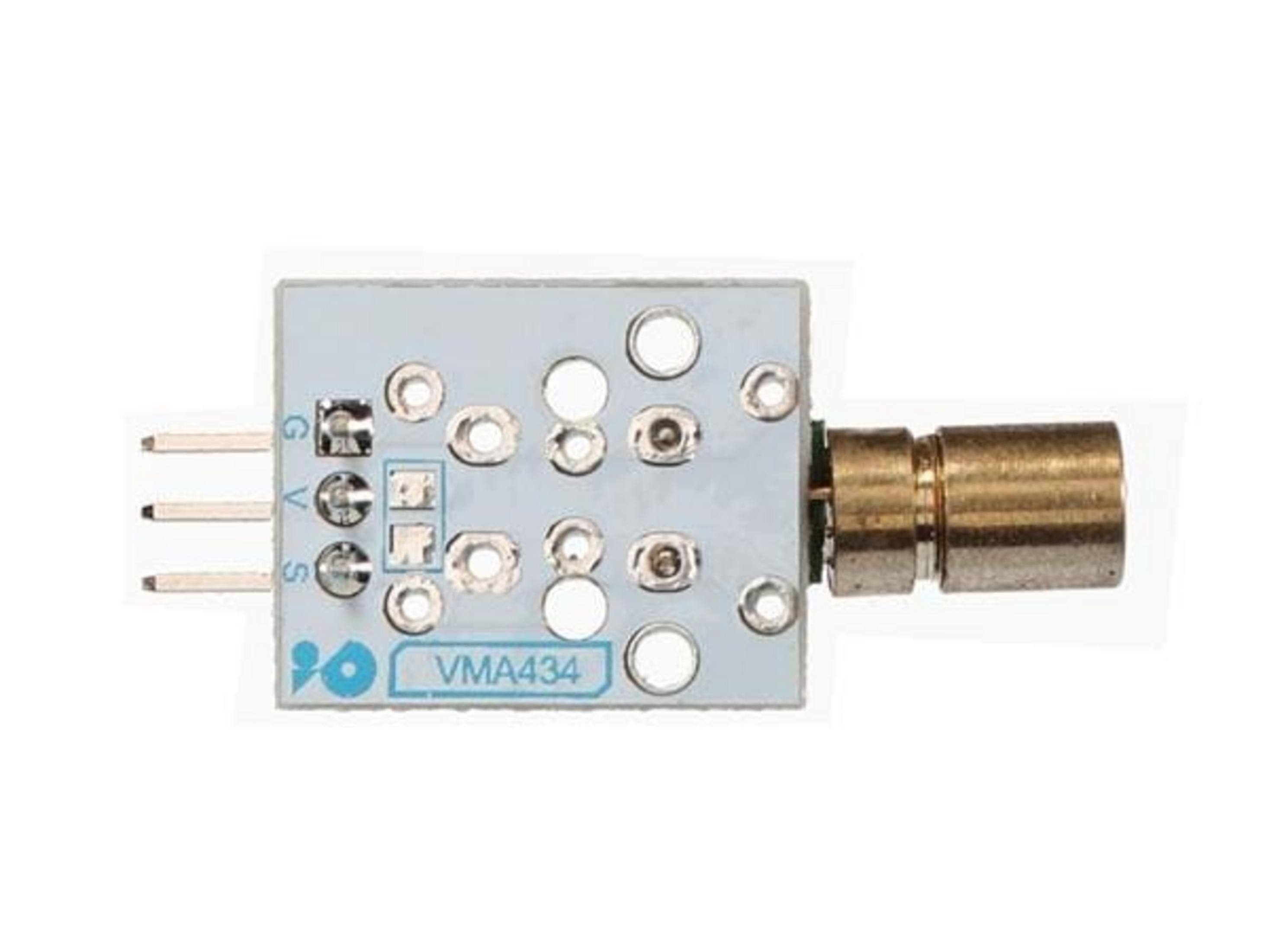 Un petit module laser à trois broches et un boîtier laser doré.