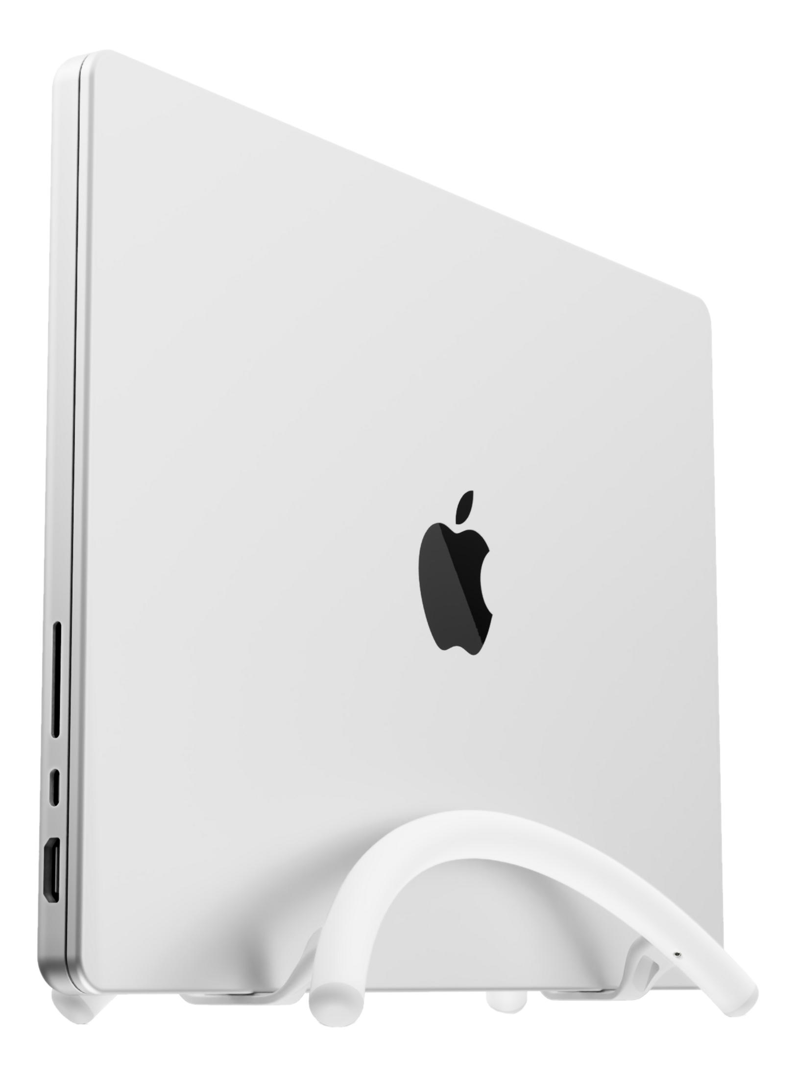 Un laptop bianco con logo Apple poggia su un supporto bianco.