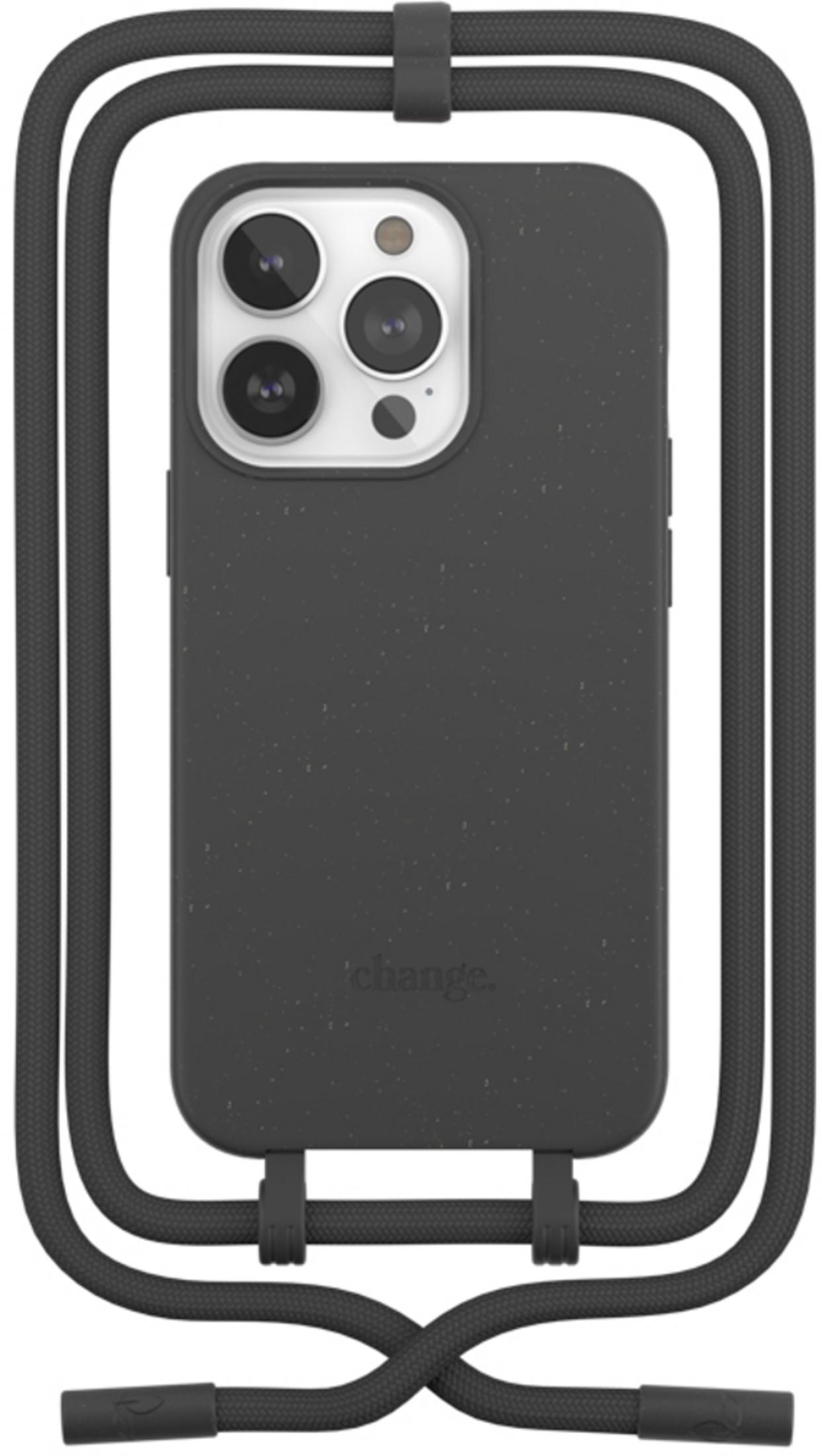 Funda de teléfono gris oscuro con cordón negro para llevar al cuello. Texto 'change.'