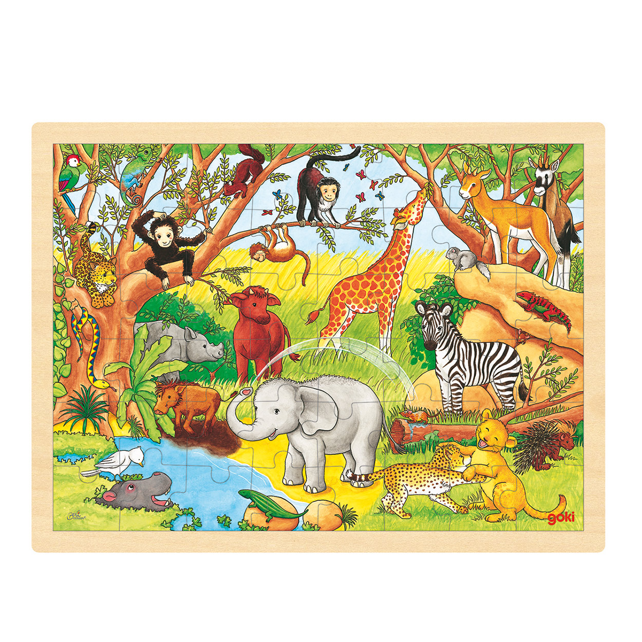 Illustration von Tieren im Dschungel, darunter Elefant, Giraffe, Zebra und Affen.
