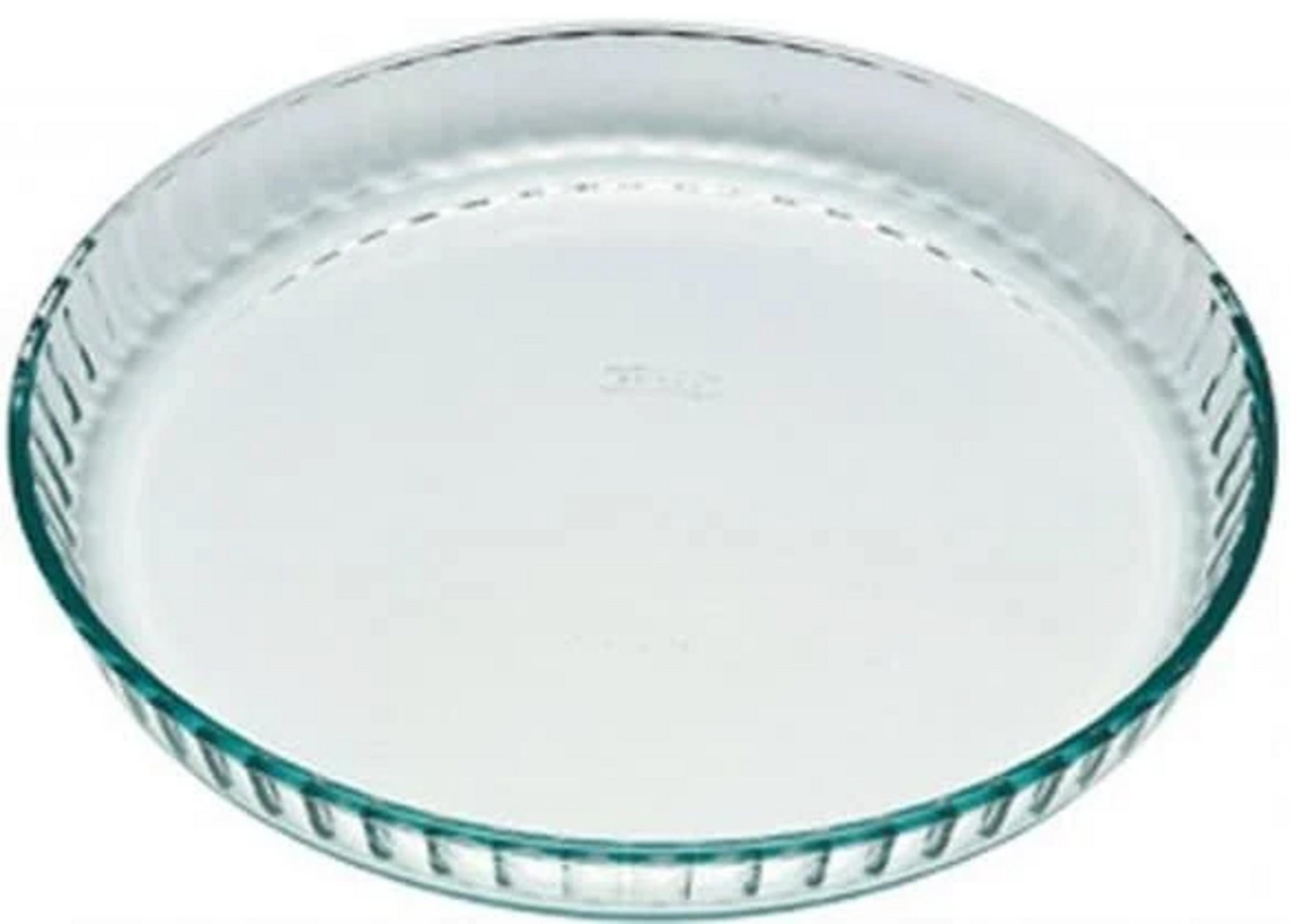 Eine runde, durchsichtige Glasauflaufform mit geripptem Rand.