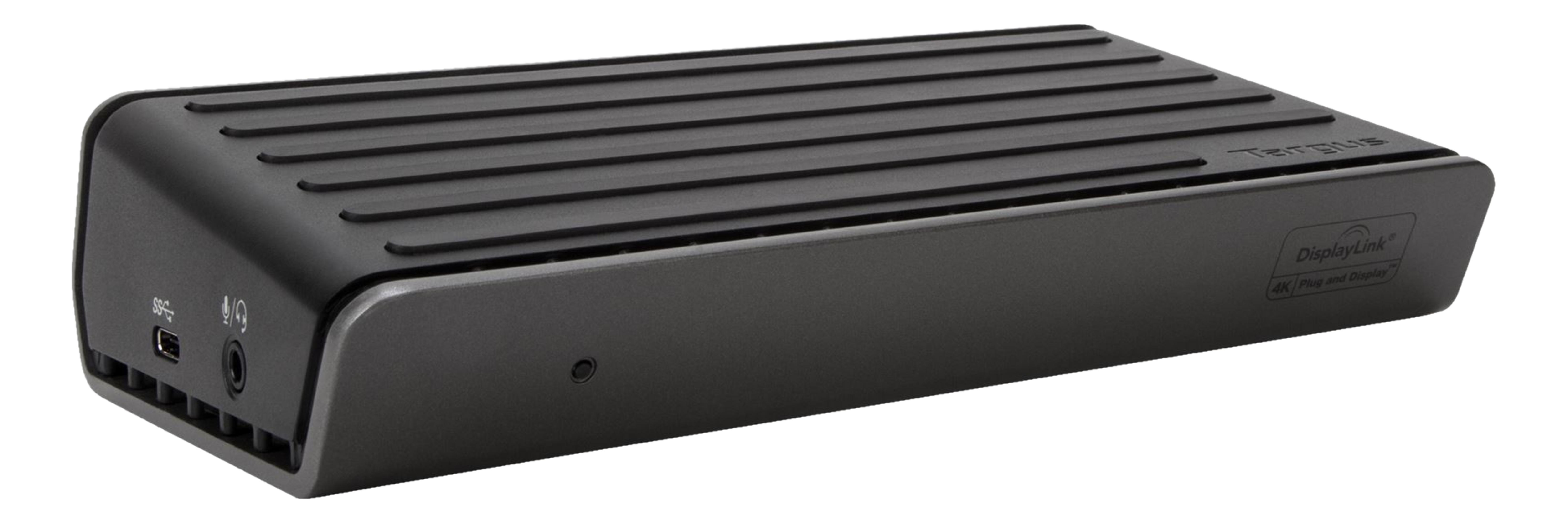 Docking station Targus nera con parte superiore scanalata. Porta USB e jack audio sul davanti.