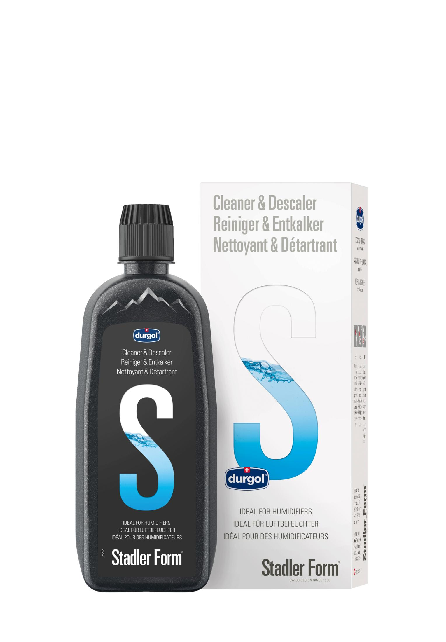 Schwarze Flasche und Karton für Reiniger mit großem S-Symbol und Wasser.