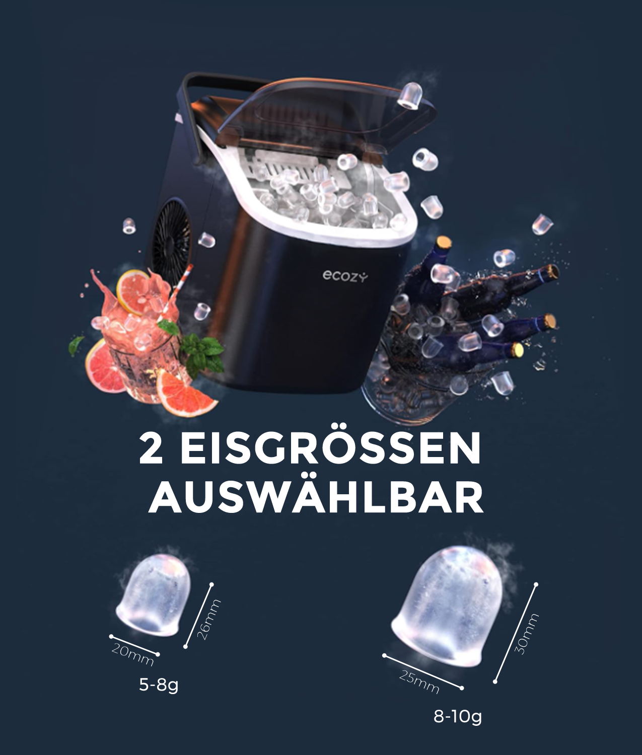 Eismaschine mit Eiswürfeln, Getränken und Zitrusfrüchten. Zwei Eisgrößen sind wählbar.
