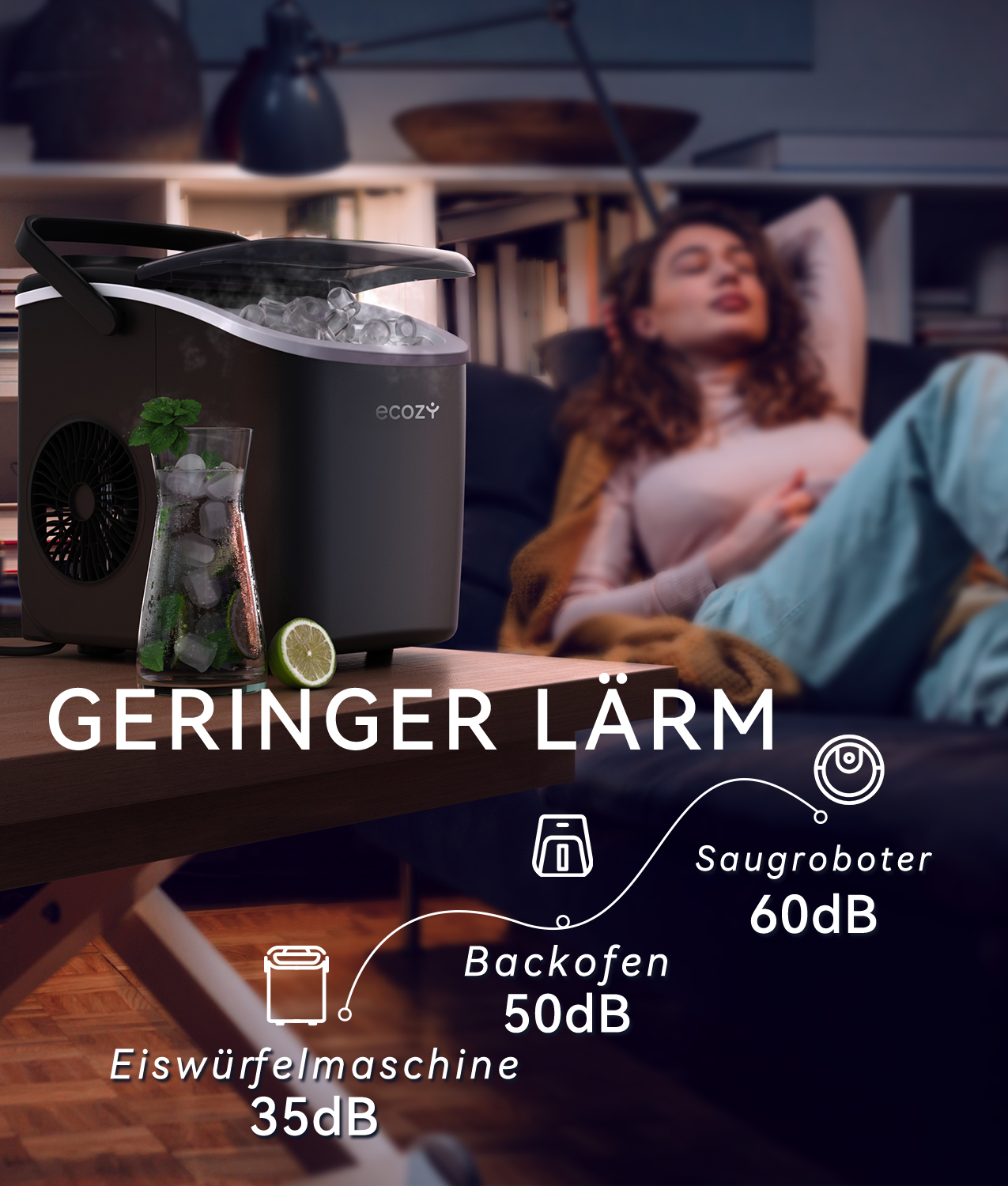 Eiswürfelmaschine mit geringem Lärmpegel (35dB) neben einem Sofa.