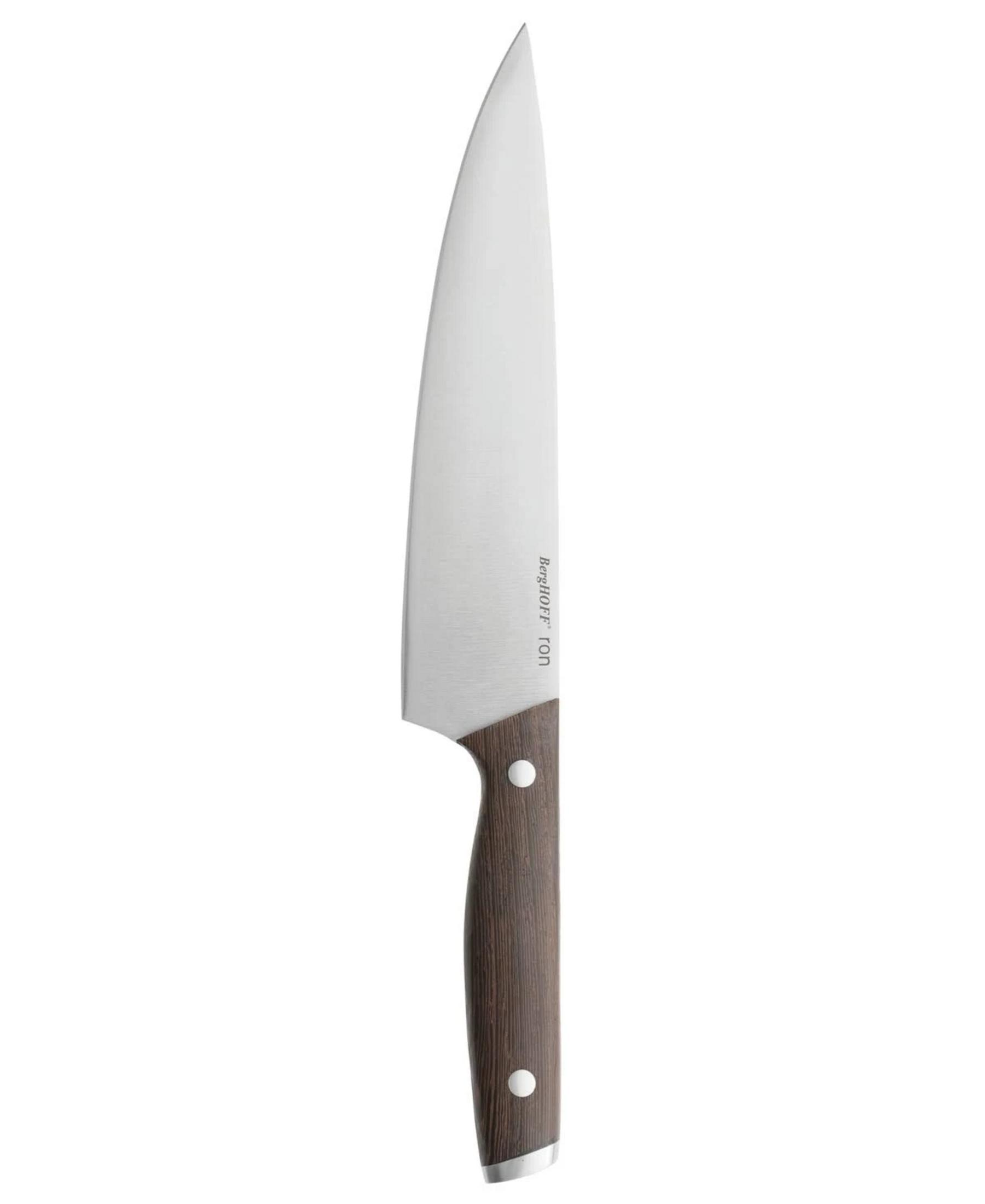 A sharp kitchen knife with a silver blade and a brown wooden handle.