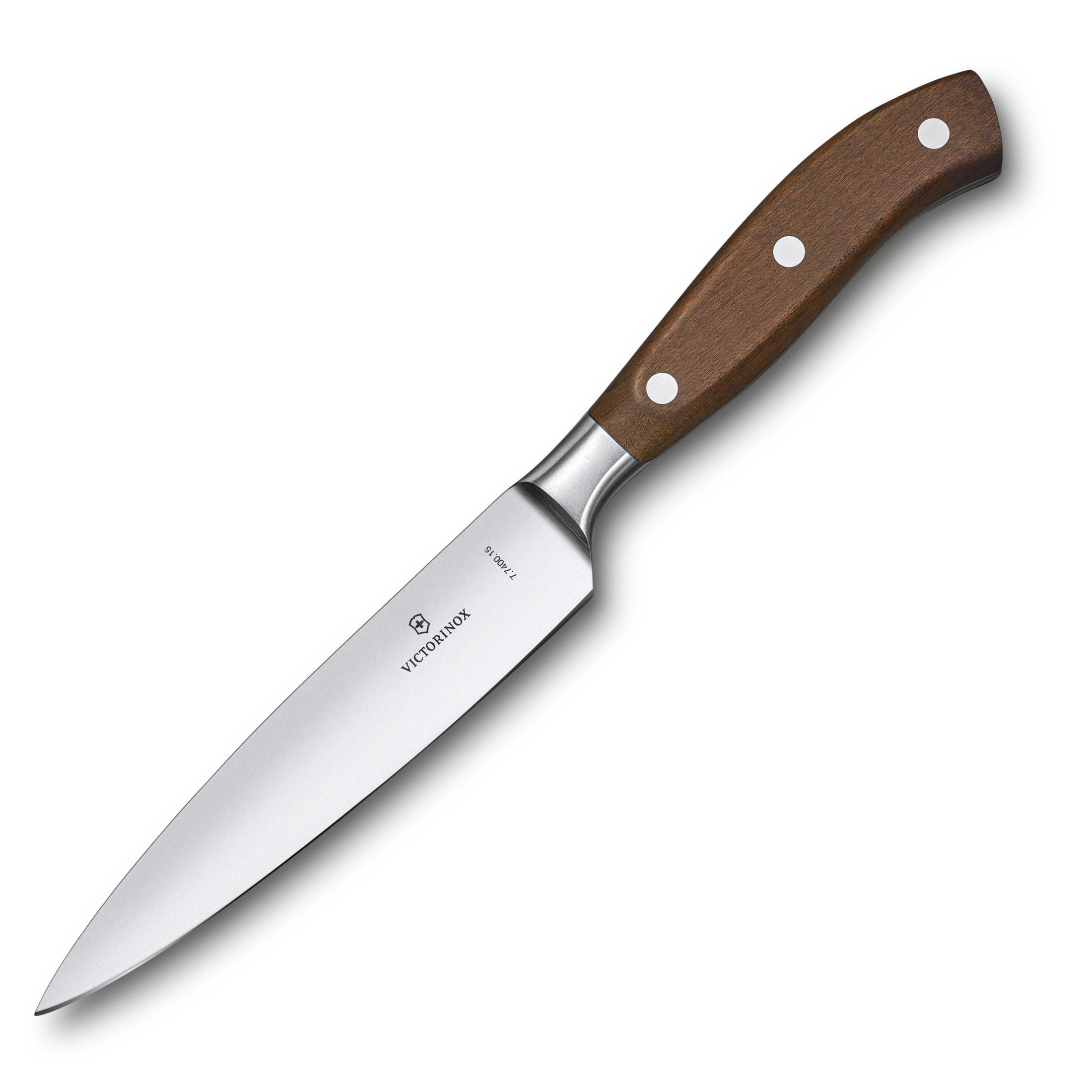 Ein spitzer Victorinox Kochmesser mit braunem Holzgriff und Nieten.