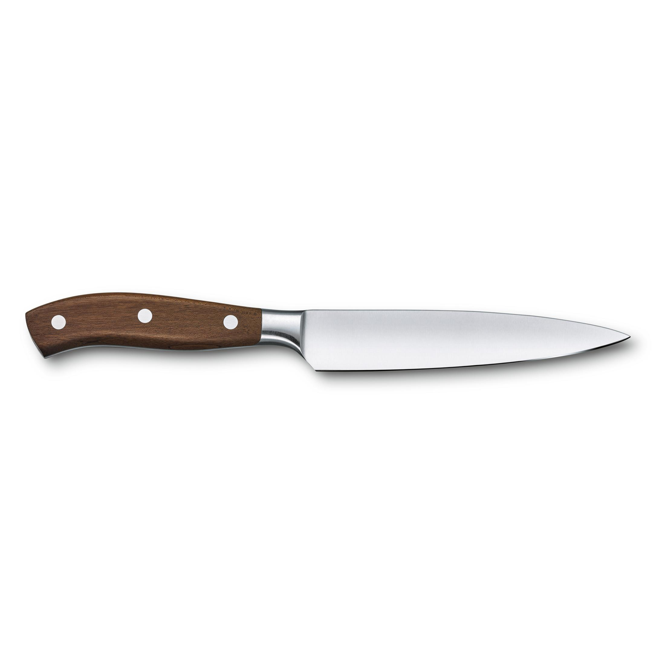 Ein Küchenmesser mit braunem Holzgriff und polierter Stahlklinge.