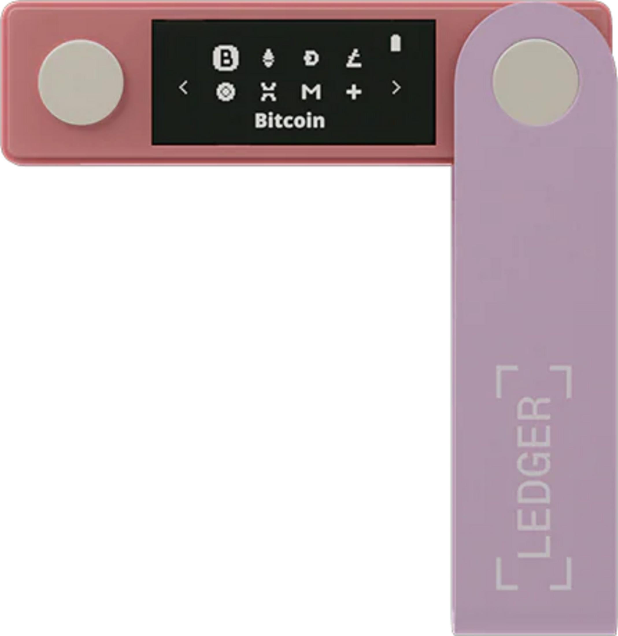 Rosa Hardware-Wallet mit Bildschirm, der Bitcoin und Symbole anzeigt. Lila Aufsatz.