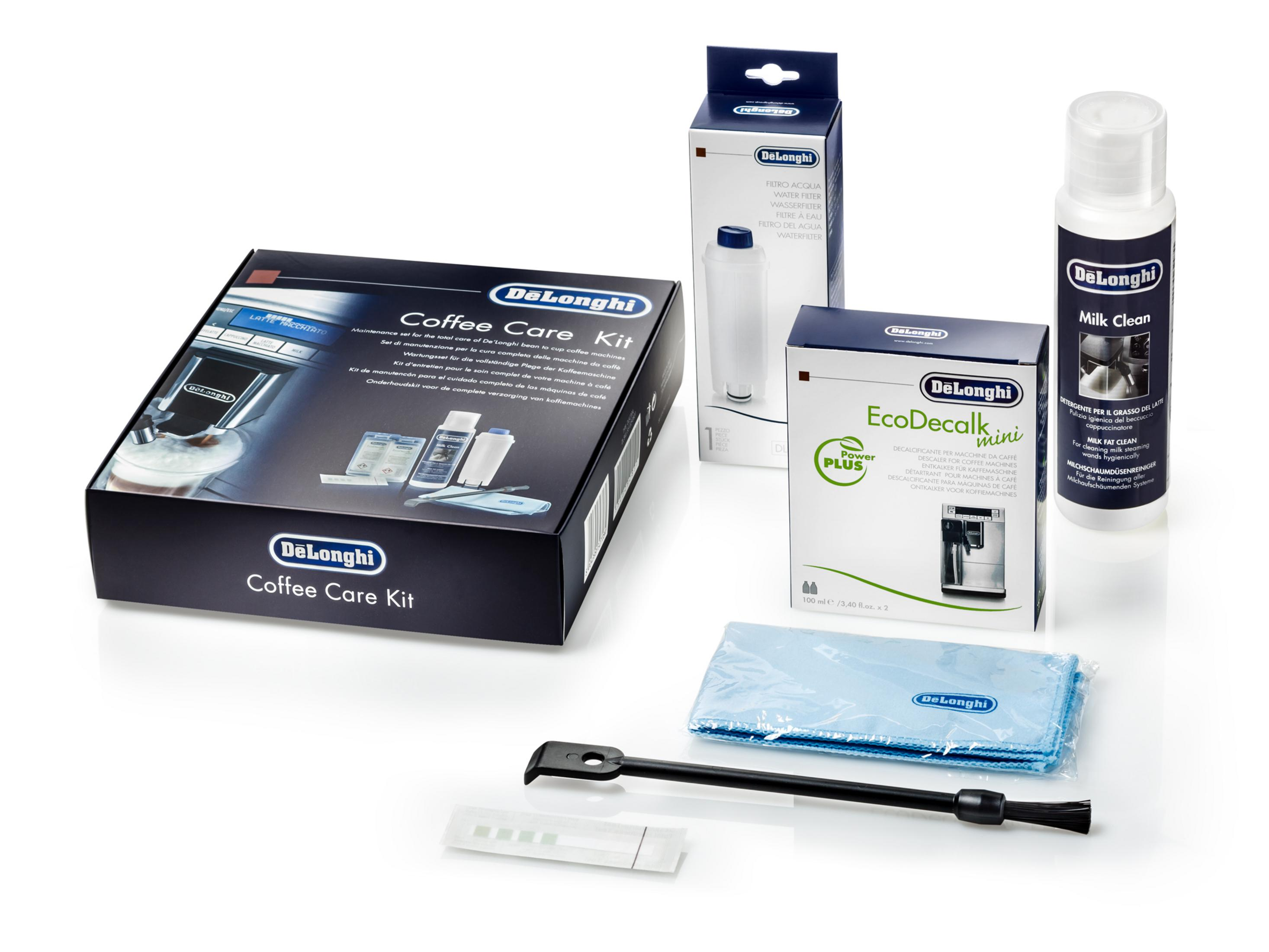 Kit de cuidado de café DeLonghi con descalcificador, filtro de agua y limpiador.