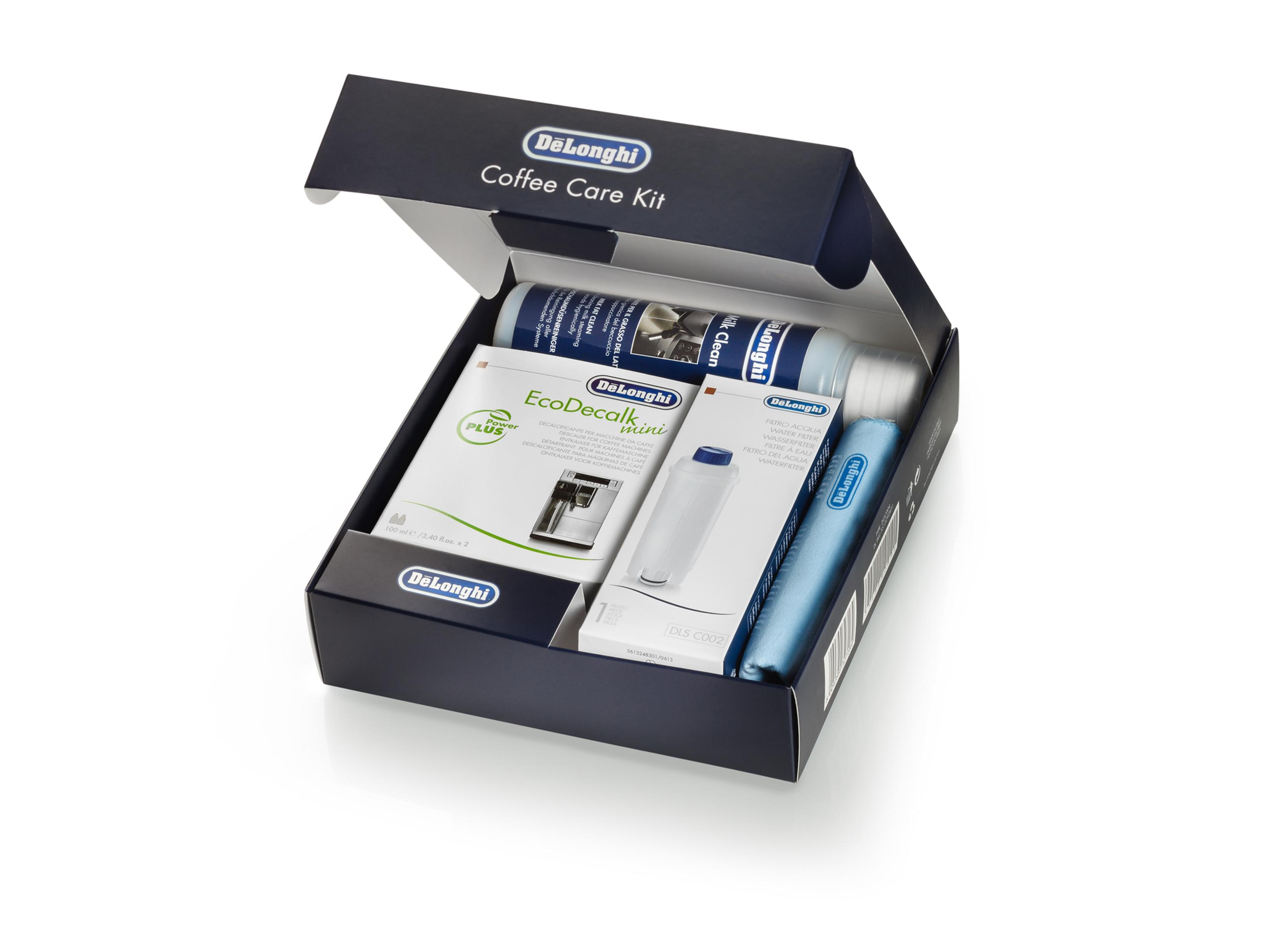 Kit de Cuidado para Cafeteras DeLonghi: descalcificador, limpiador de leche, filtro de agua.