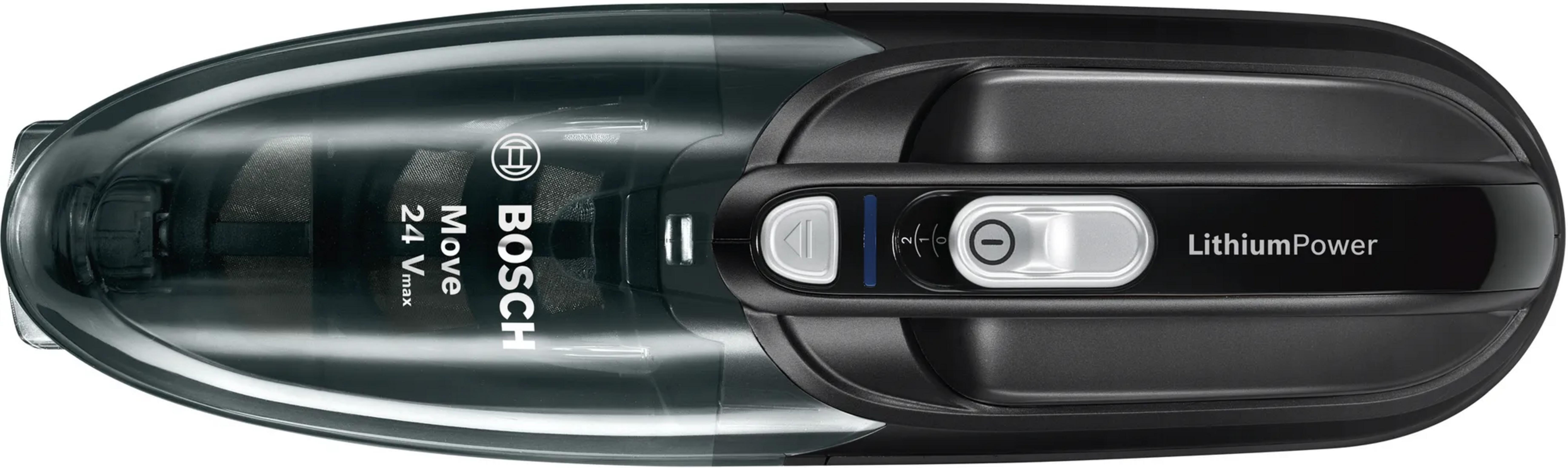 Aspirapolvere cordless Bosch nero con serbatoio trasparente e pulsanti di controllo.