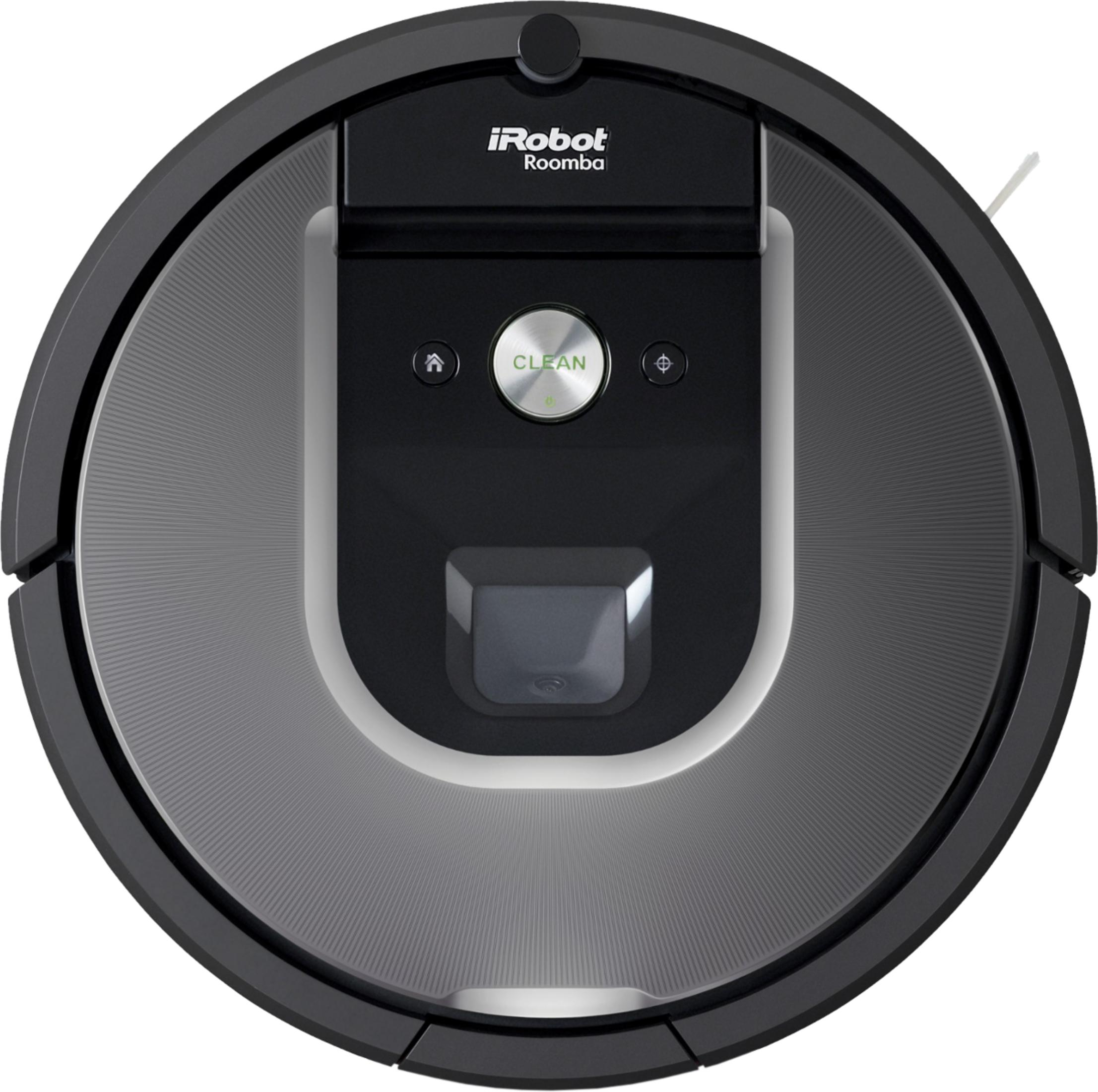 Un robot aspirapolvere rotondo e nero con marchio "iRobot Roomba" e pulsante "Clean".