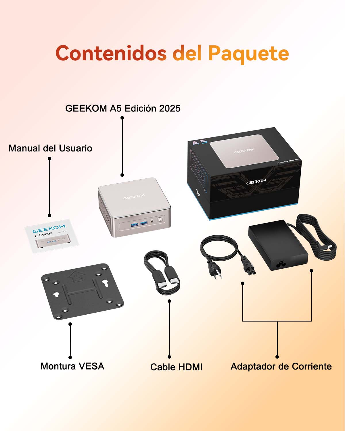 Contenido del paquete: PC GEEKOM A5, manual, soporte VESA, cable HDMI, adaptador.