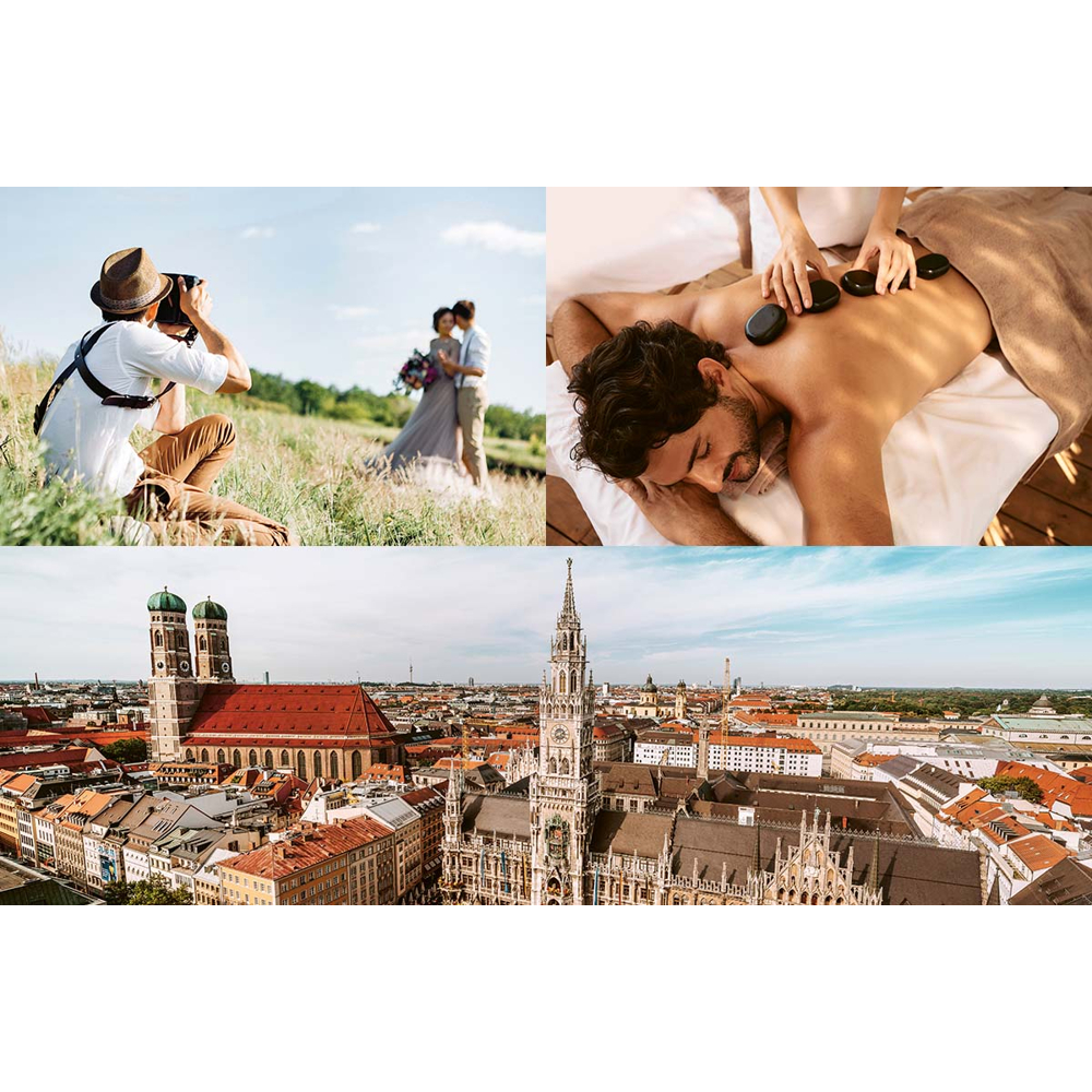 Vier Collagen: Fotografieren, Massage, Stadtansichten, Hochzeitspaar.