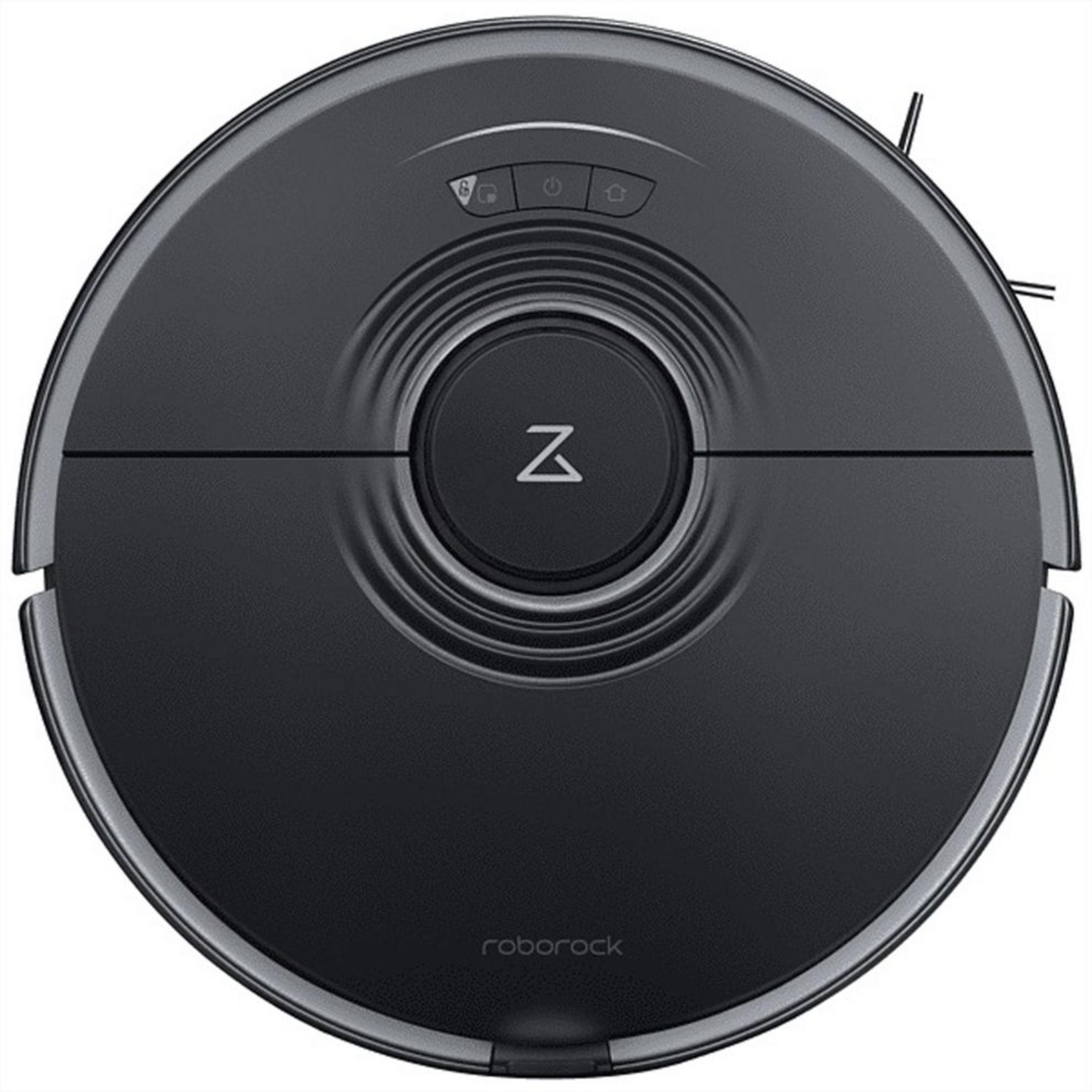 Un robot aspirador redondo y negro con un logo "Z" en el centro y botones arriba.
