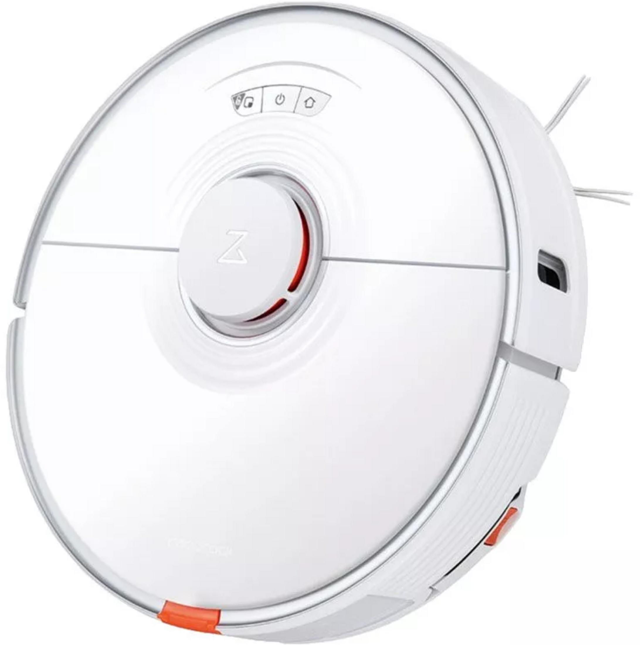 A white robot vacuum cleaner with orange accents and a central button.