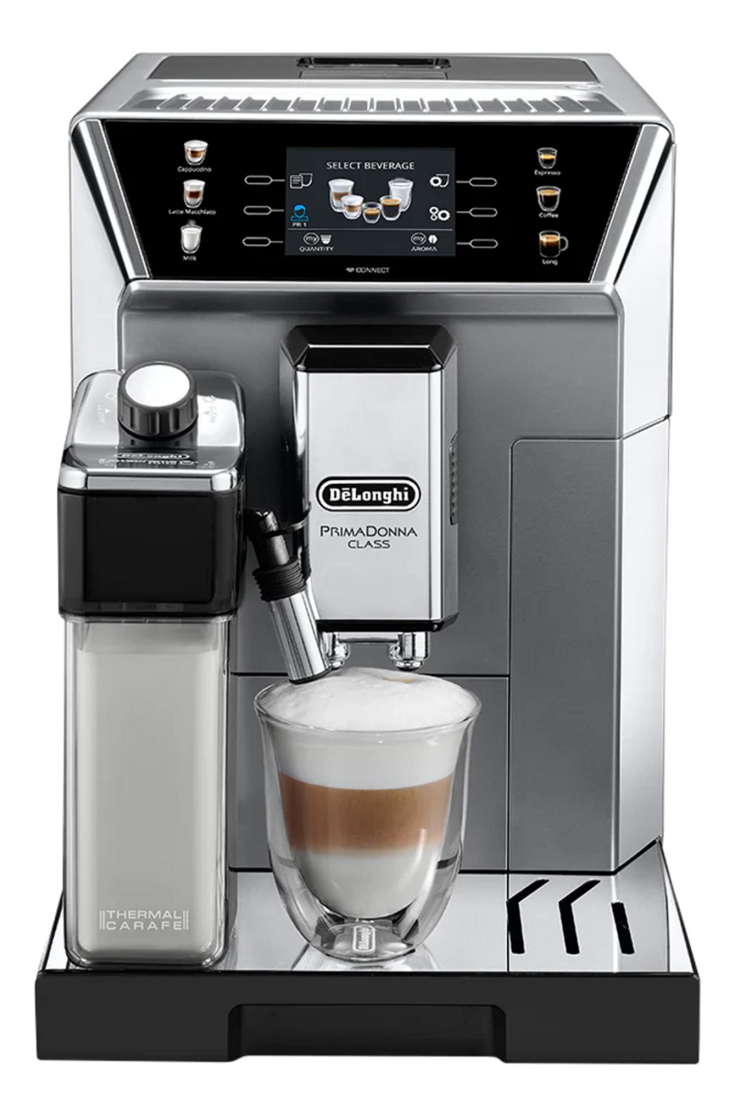 Elegancki ekspres automatyczny z dzbankiem na mleko, robi cappuccino, espresso, latte macchiato.