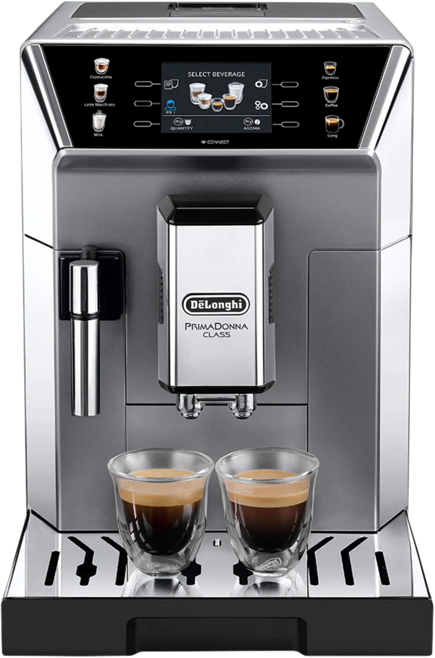 Ekspres do kawy DeLonghi z dwoma szklankami espresso.