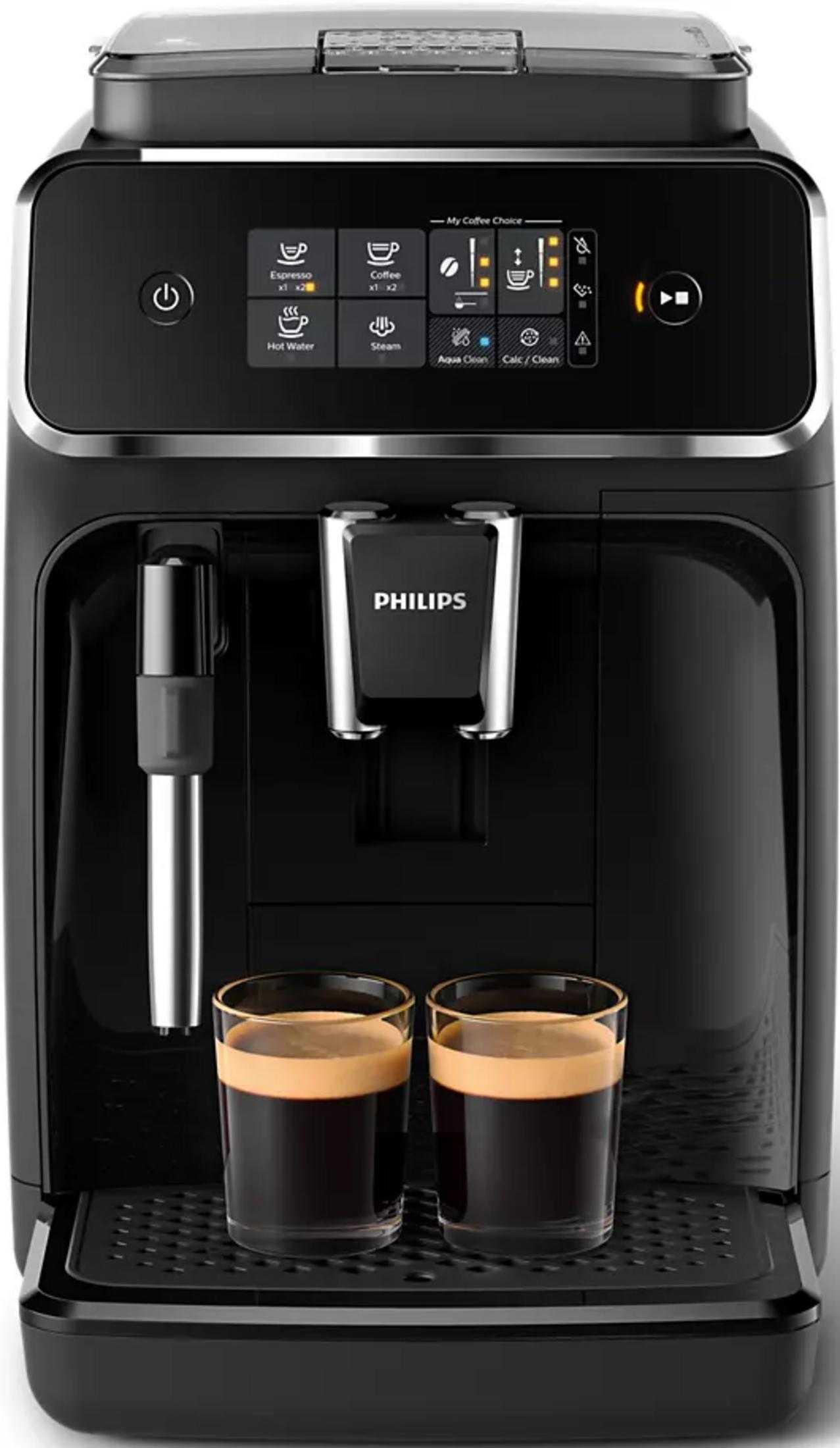 Eine schwarze Kaffeemaschine von Philips mit zwei Gläsern Espresso.