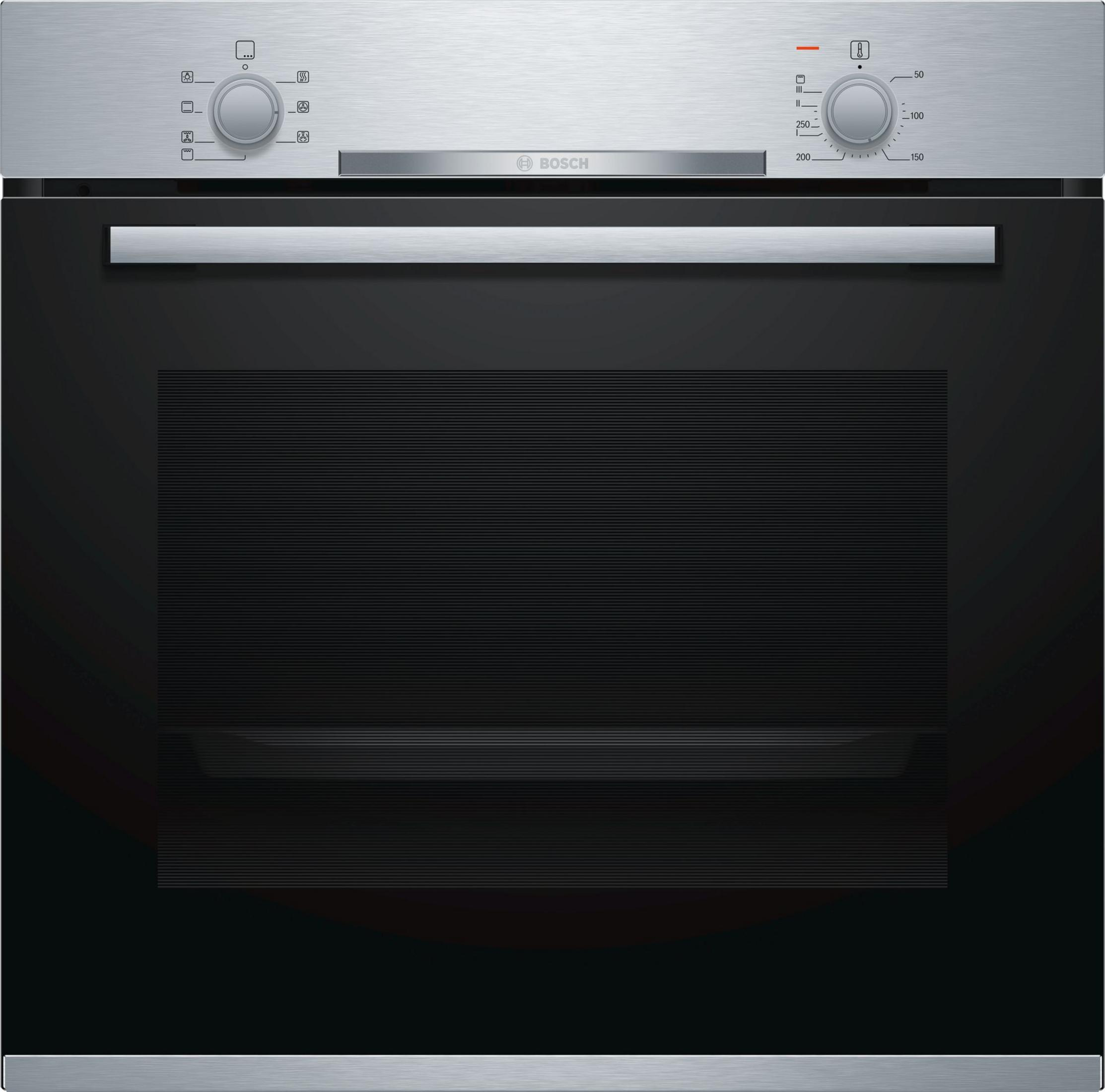 Un moderno horno empotrable plateado con puerta de cristal negra y panel de control.