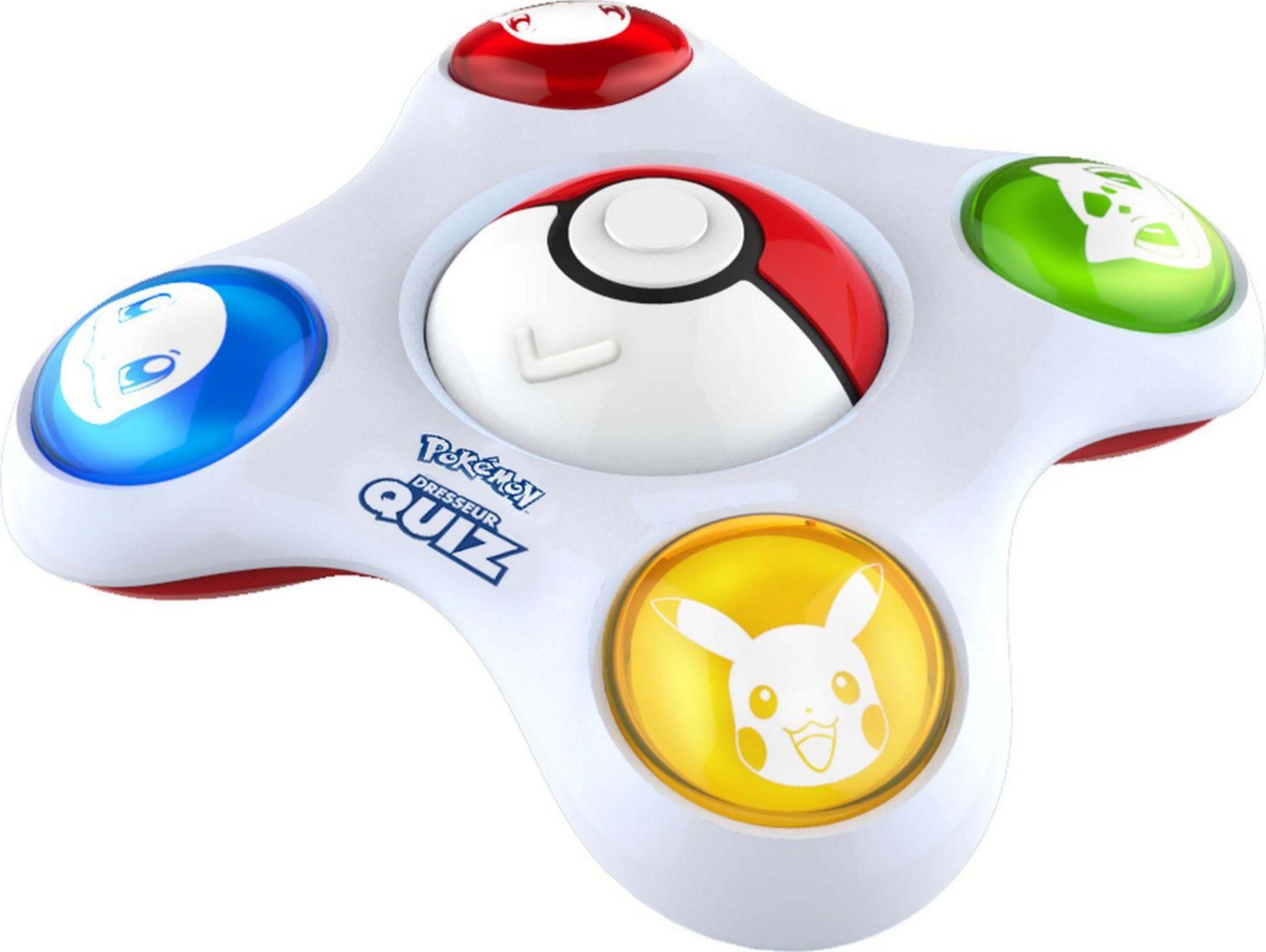 Ein weißes Pokémon Quiz-Spielgerät mit bunten Knöpfen und einem Pokéball.