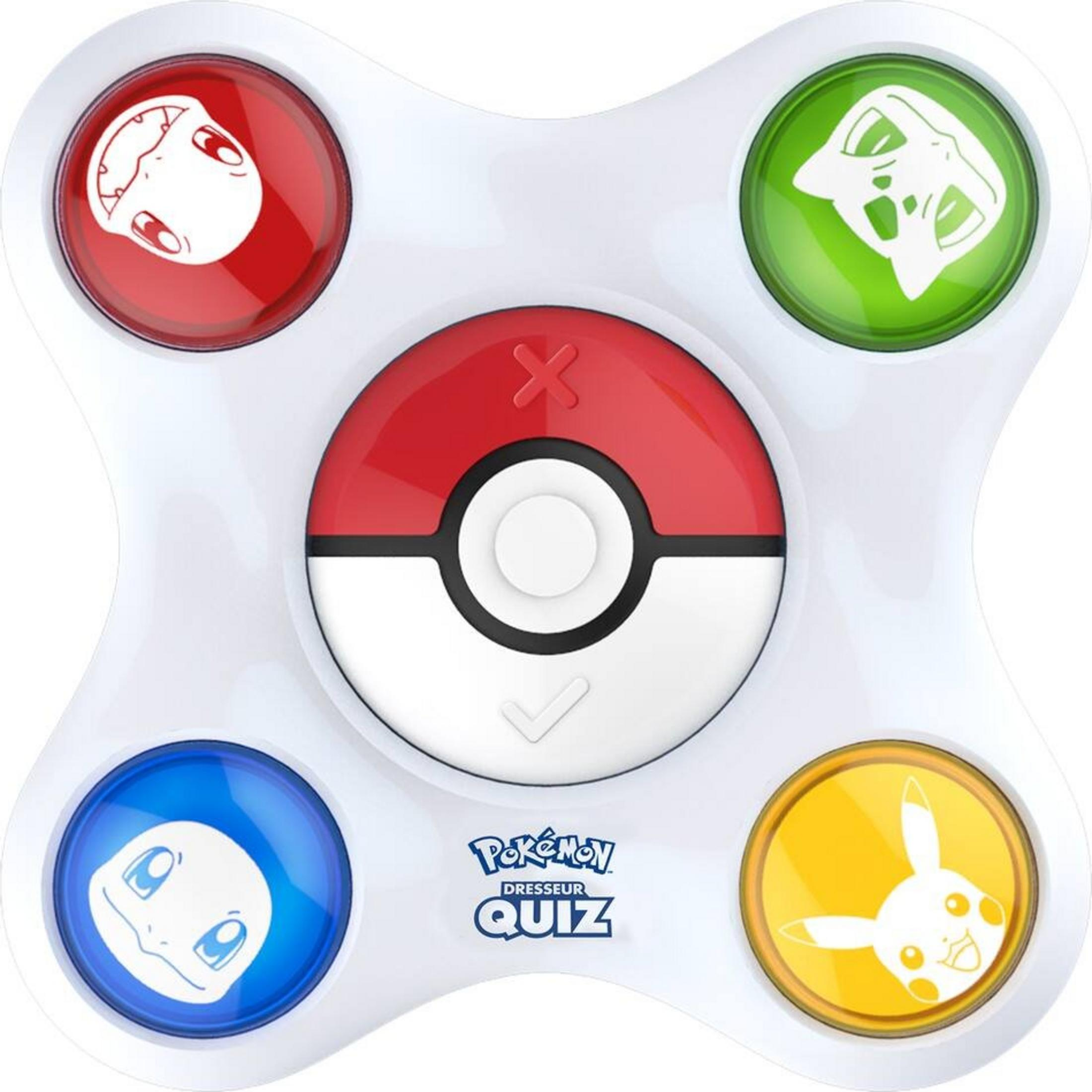 Ein weißes Pokémon-Quizspiel mit vier farbigen Tasten und einem Pokéball in der Mitte.