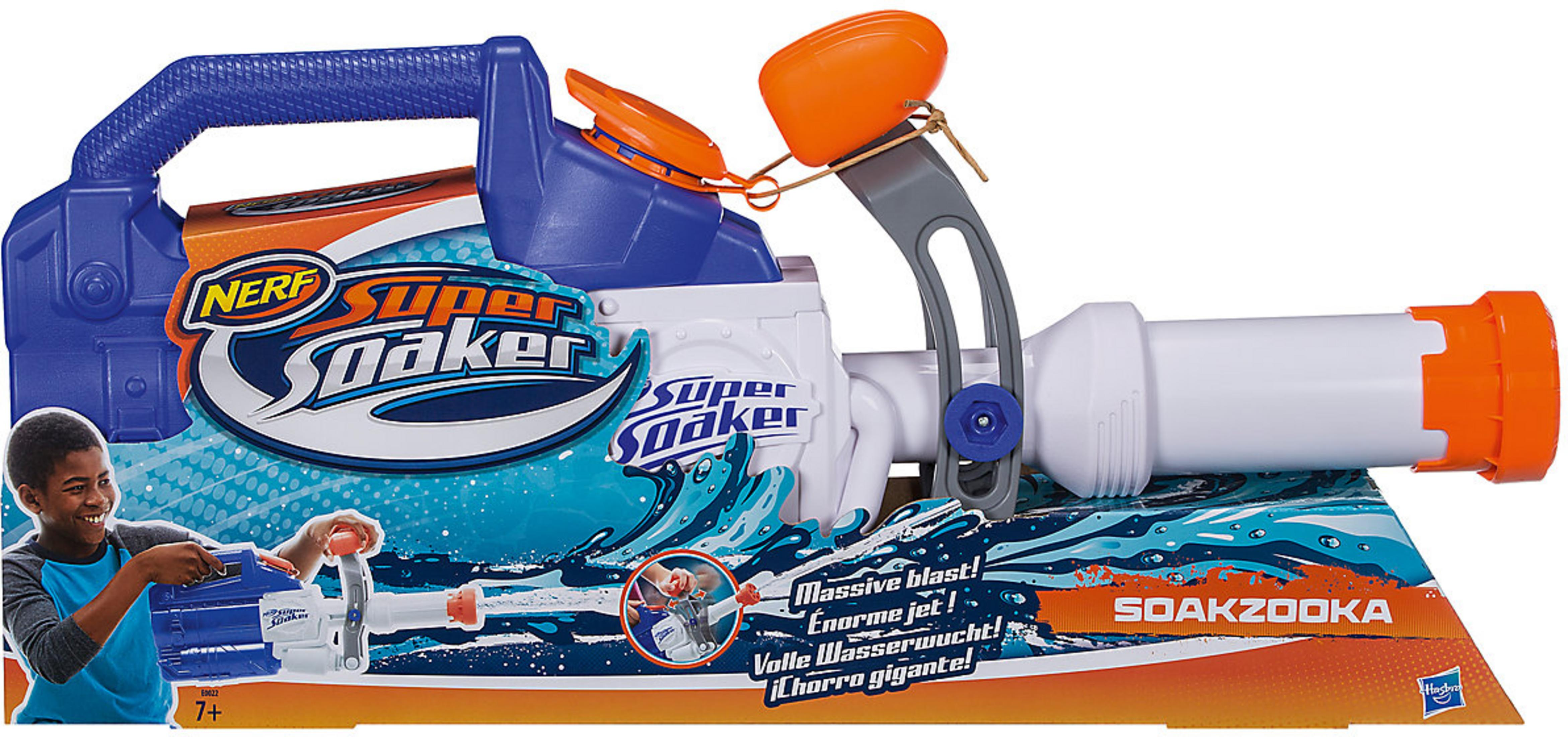 Una pistola ad acqua Nerf Super Soaker Soakzooka blu e bianca con accenti arancioni.
