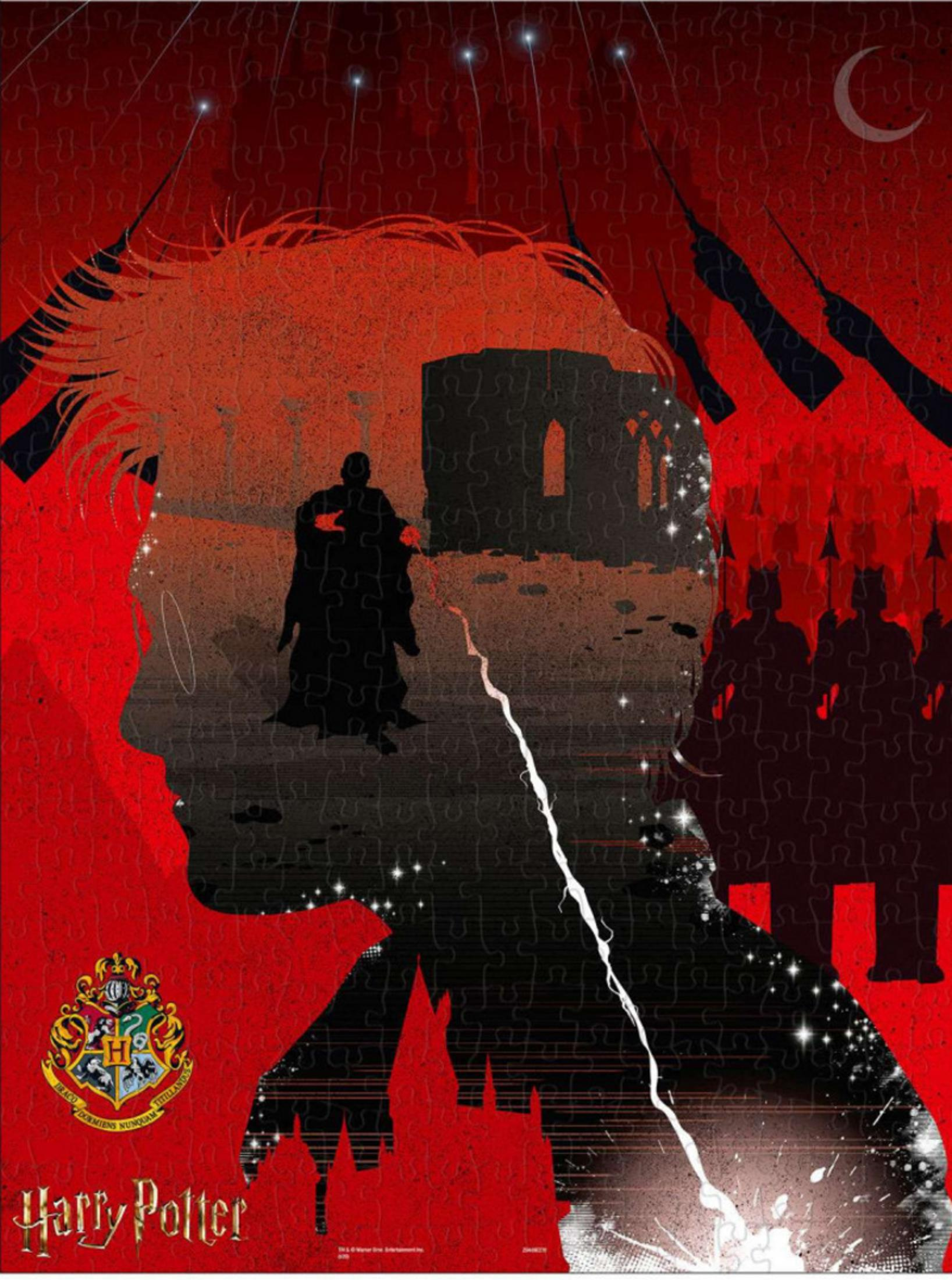 Sylwetka Harry'ego Pottera z zamkiem i magicznymi pojedynkami na czerwonym tle.
