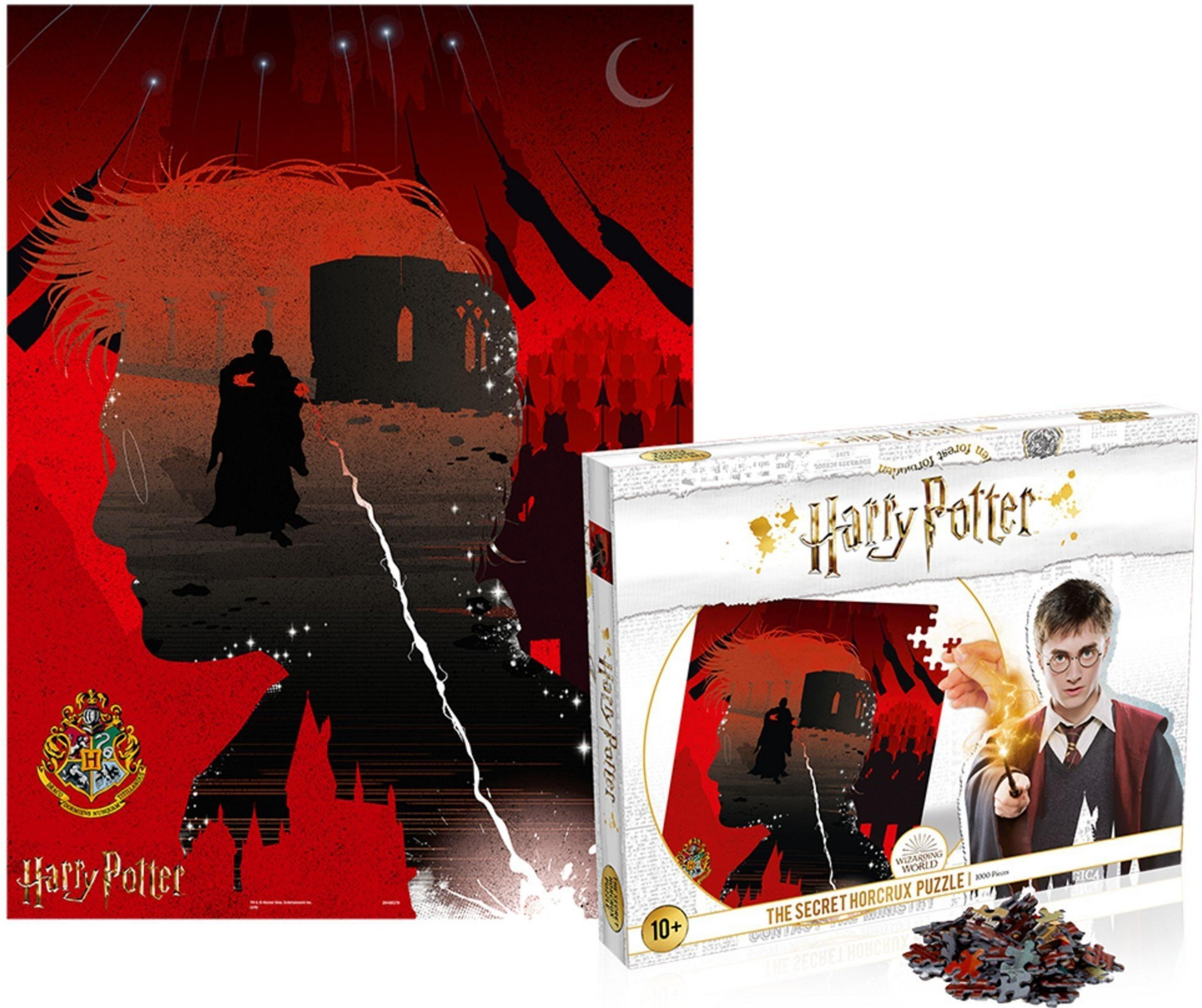 Pudełko i plakat z puzzlami Harry Potter. Czerwony, czarny i biały. Przedstawia sylwetki i Harry'ego.