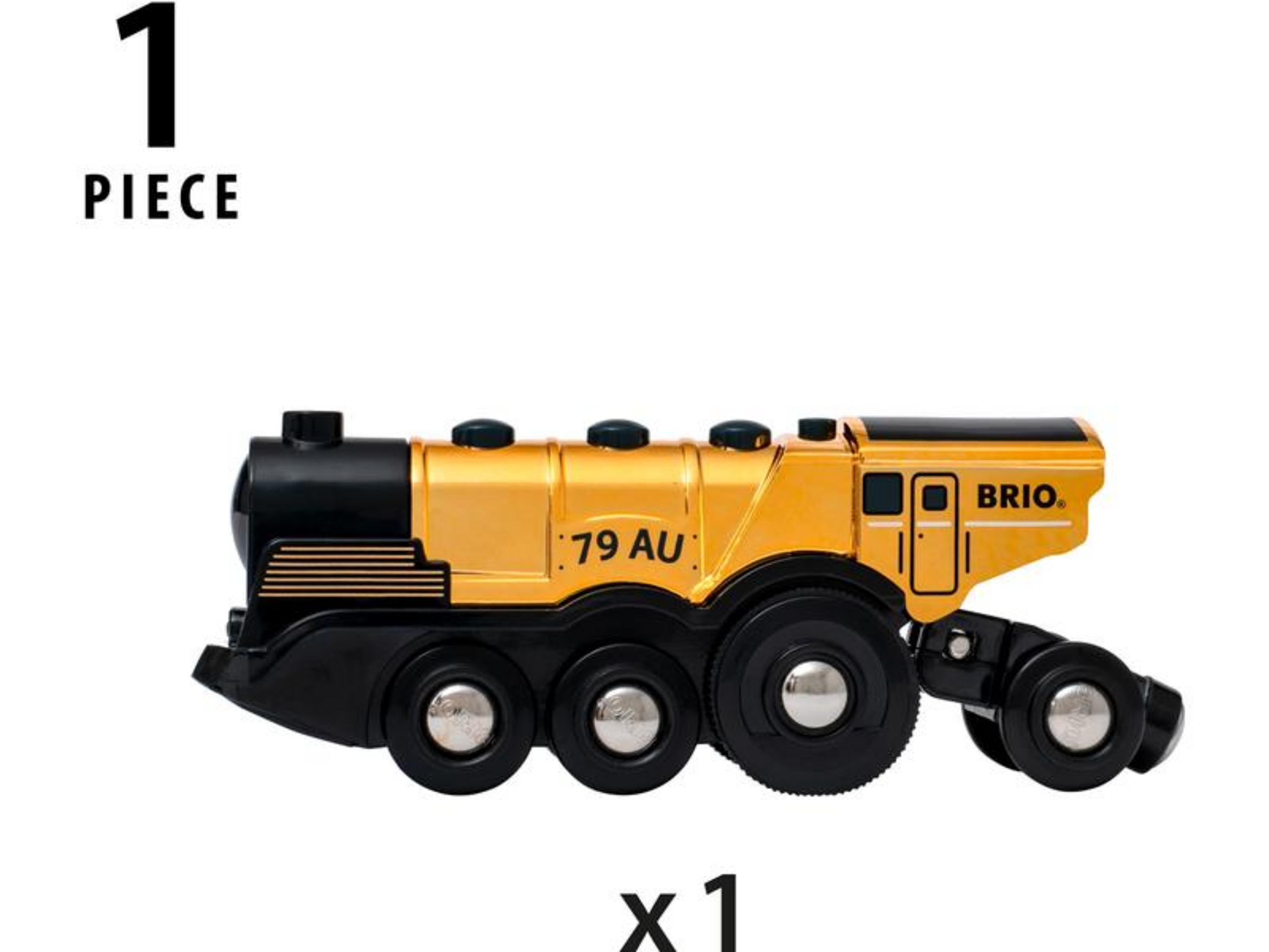 Un treno BRIO giallo con dettagli neri e il numero 79 AU.
