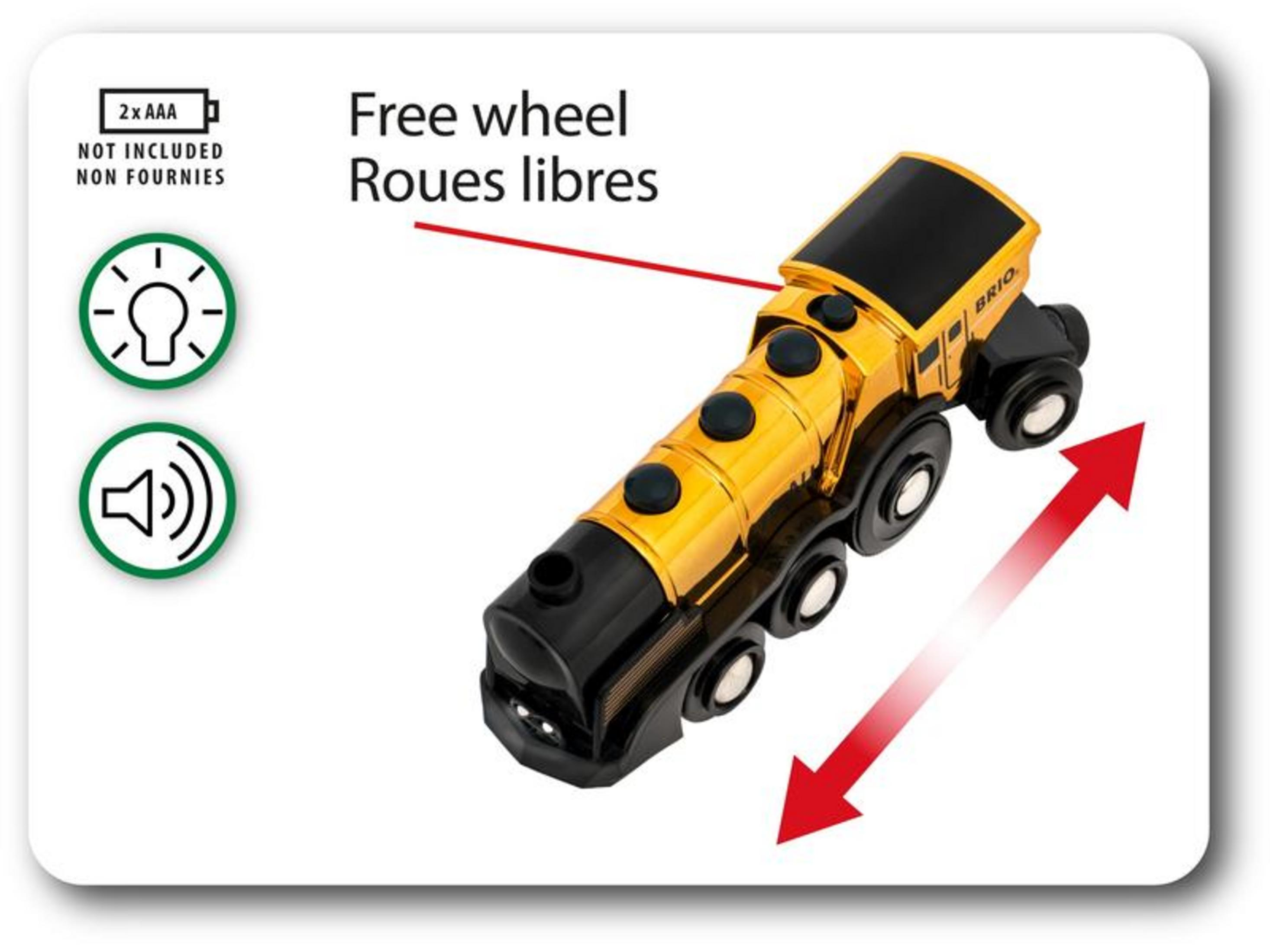 Locomotiva dorata con accenti neri, ruote, icone luce/suono e freccia.