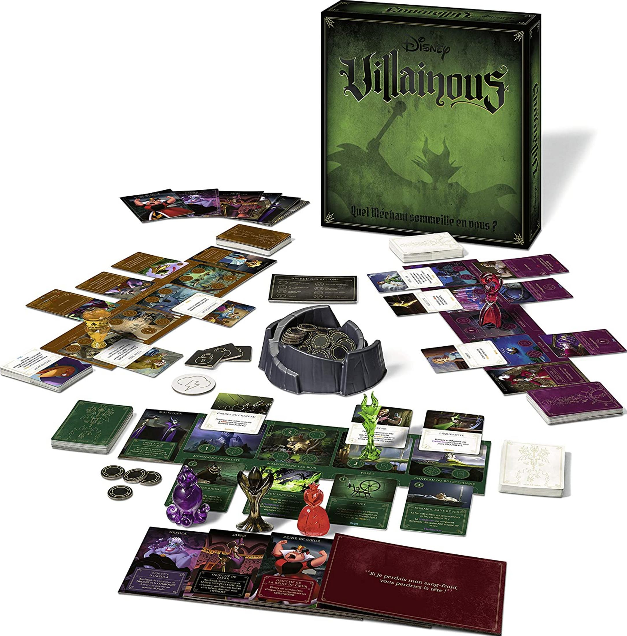 Gra planszowa Disney Villainous z figurkami, kartami i monetami rozłożonymi na stole.