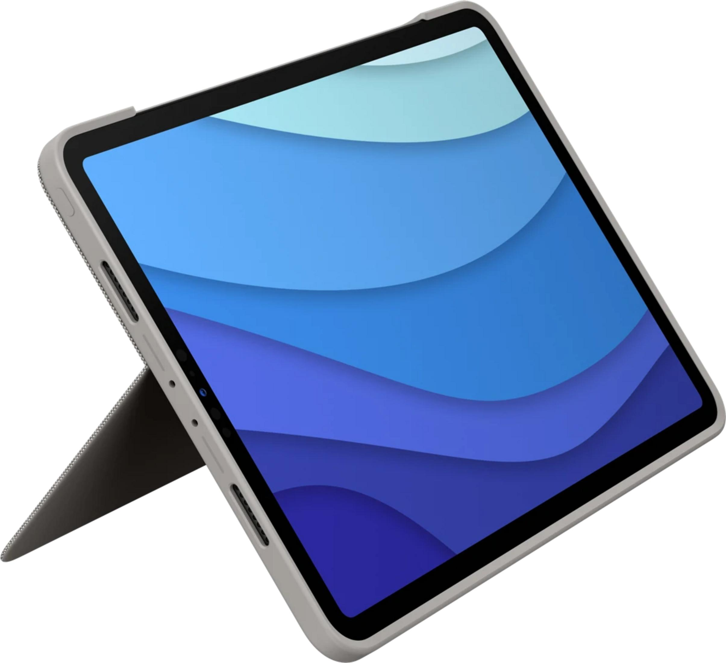 Un tablet grigio con sfondo blu ondulato e custodia con supporto integrato.