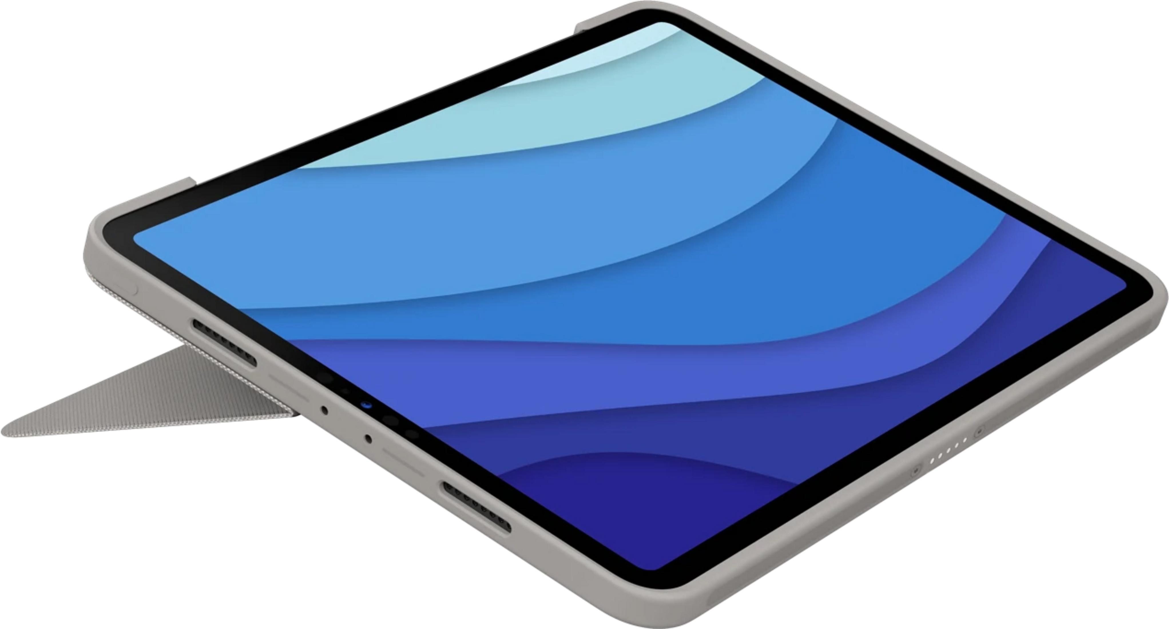 Un tablet grigio con uno sfondo blu caratterizzato da linee curve.