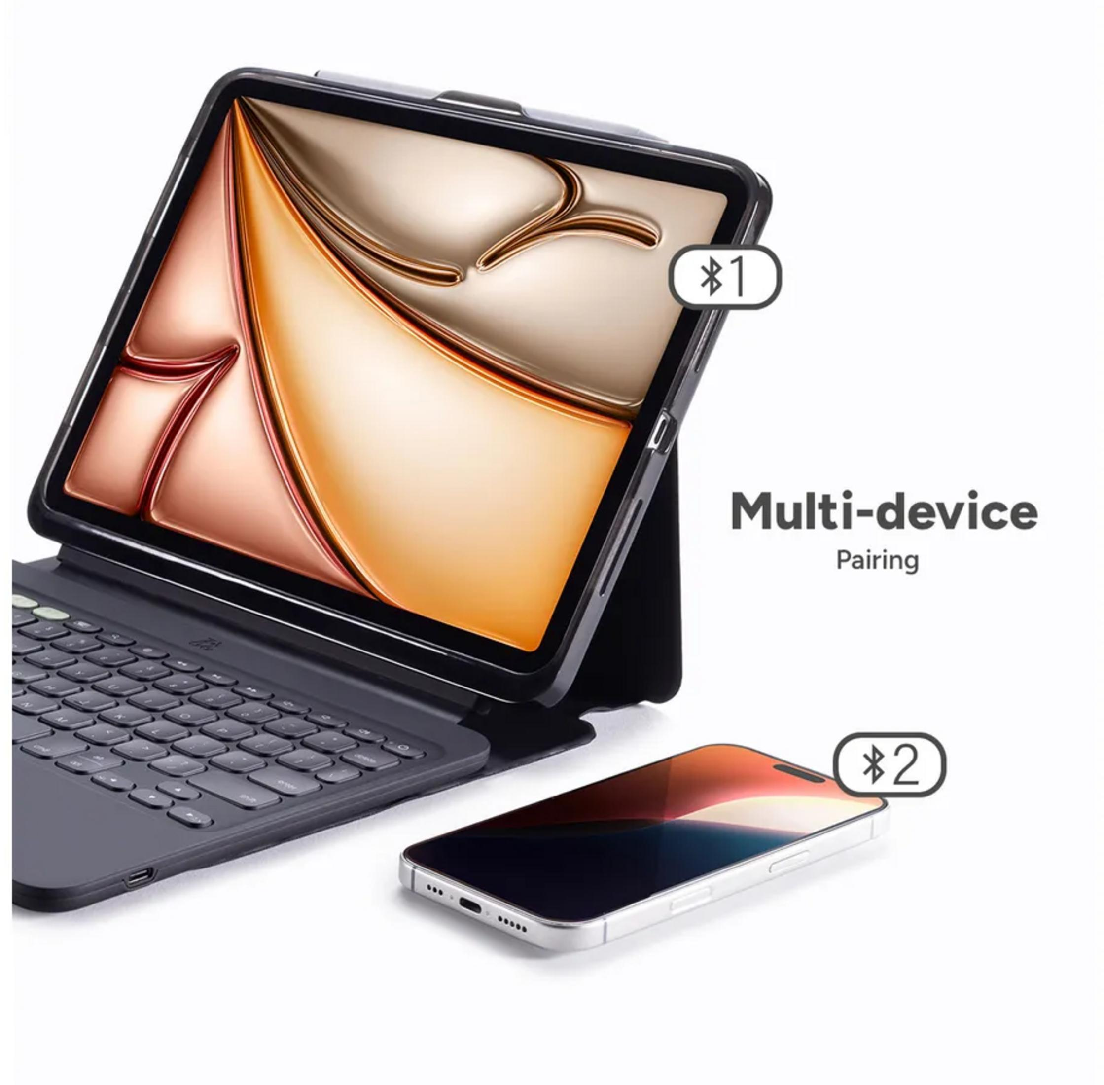 Ein Tablet mit Tastatur und ein Smartphone nebeneinander, mit Bluetooth-Symbolen.
