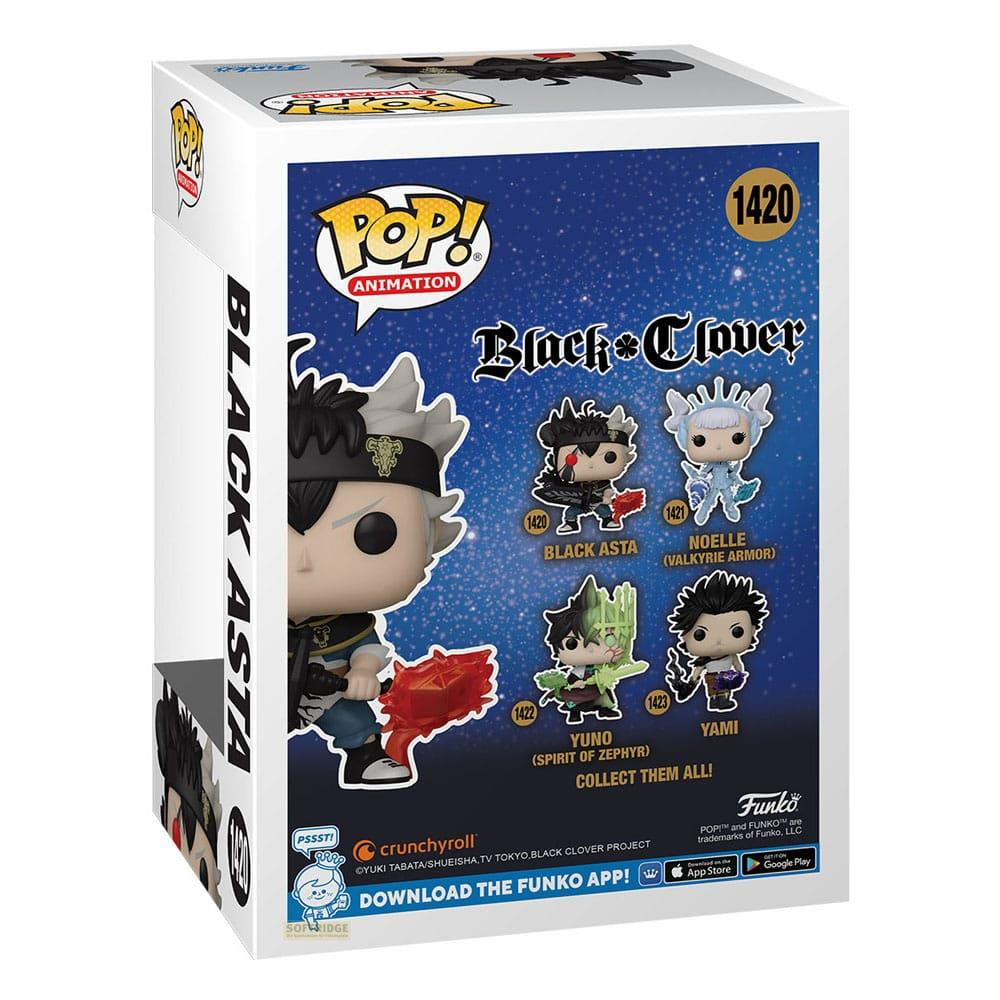 Scatola Funko Pop! Black Clover con figura di Asta e quattro immagini di personaggi.